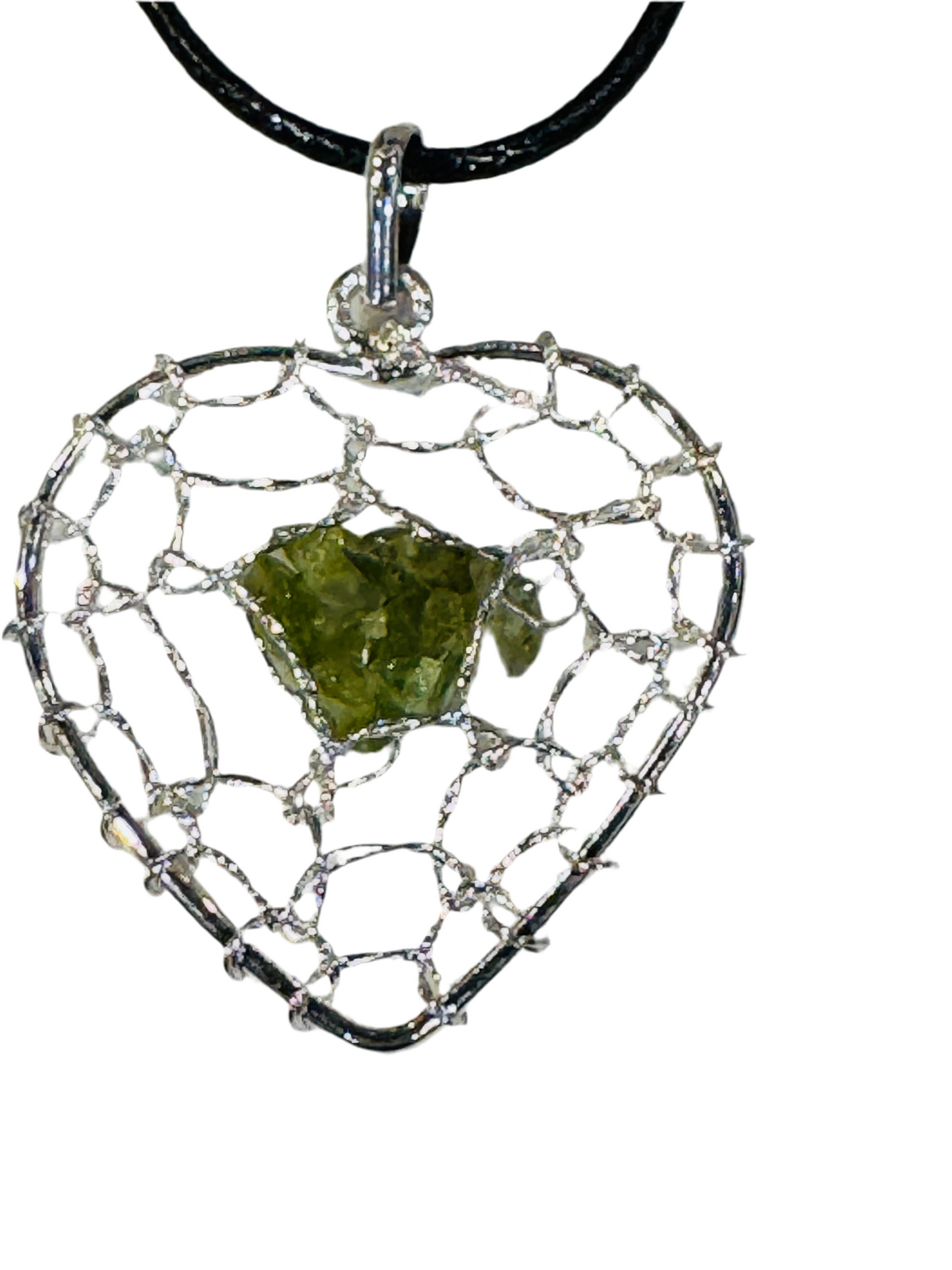 Peridot Chips Silver Heart Pendant Wire Wrapped with Black Adjustable Cord Necklace