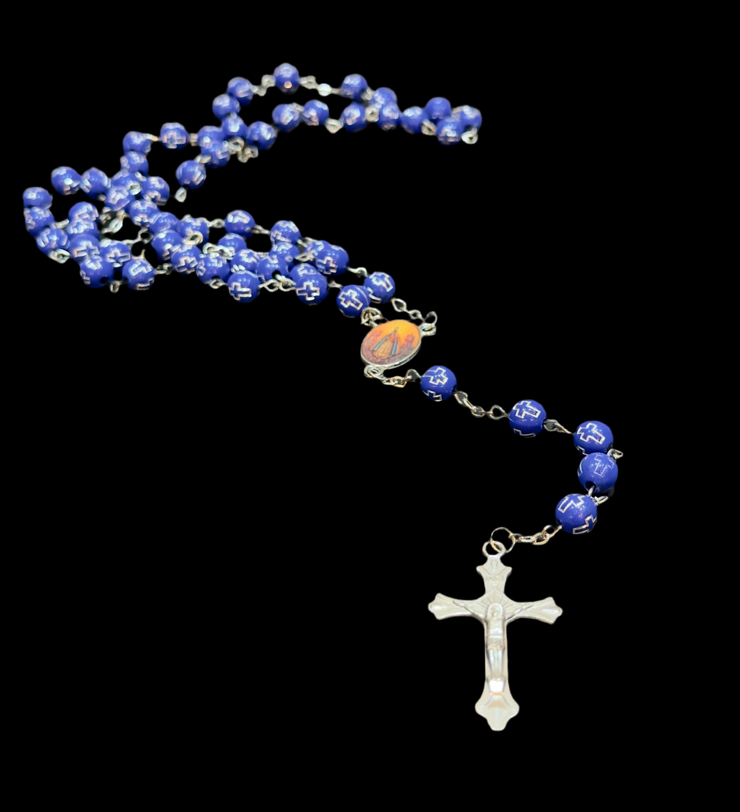 Vintage Silver Cross Christ Catholic Rosary in Cobalt Blue Beaded Engraved Cross