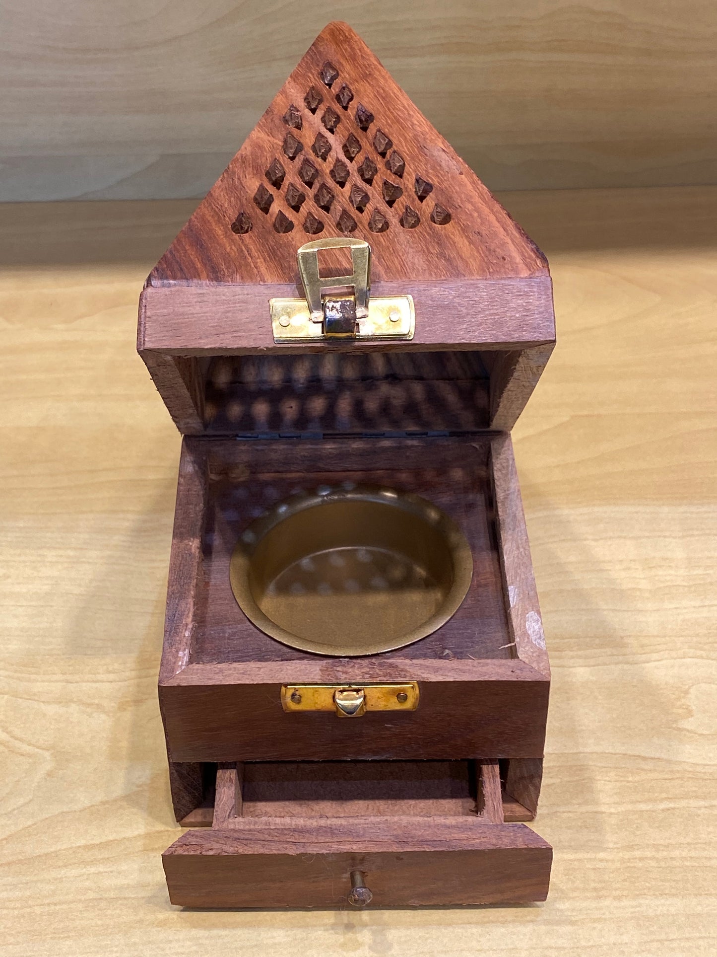 Wooden Pyramid Cone and Charcoal Burner with Storage Net Carving