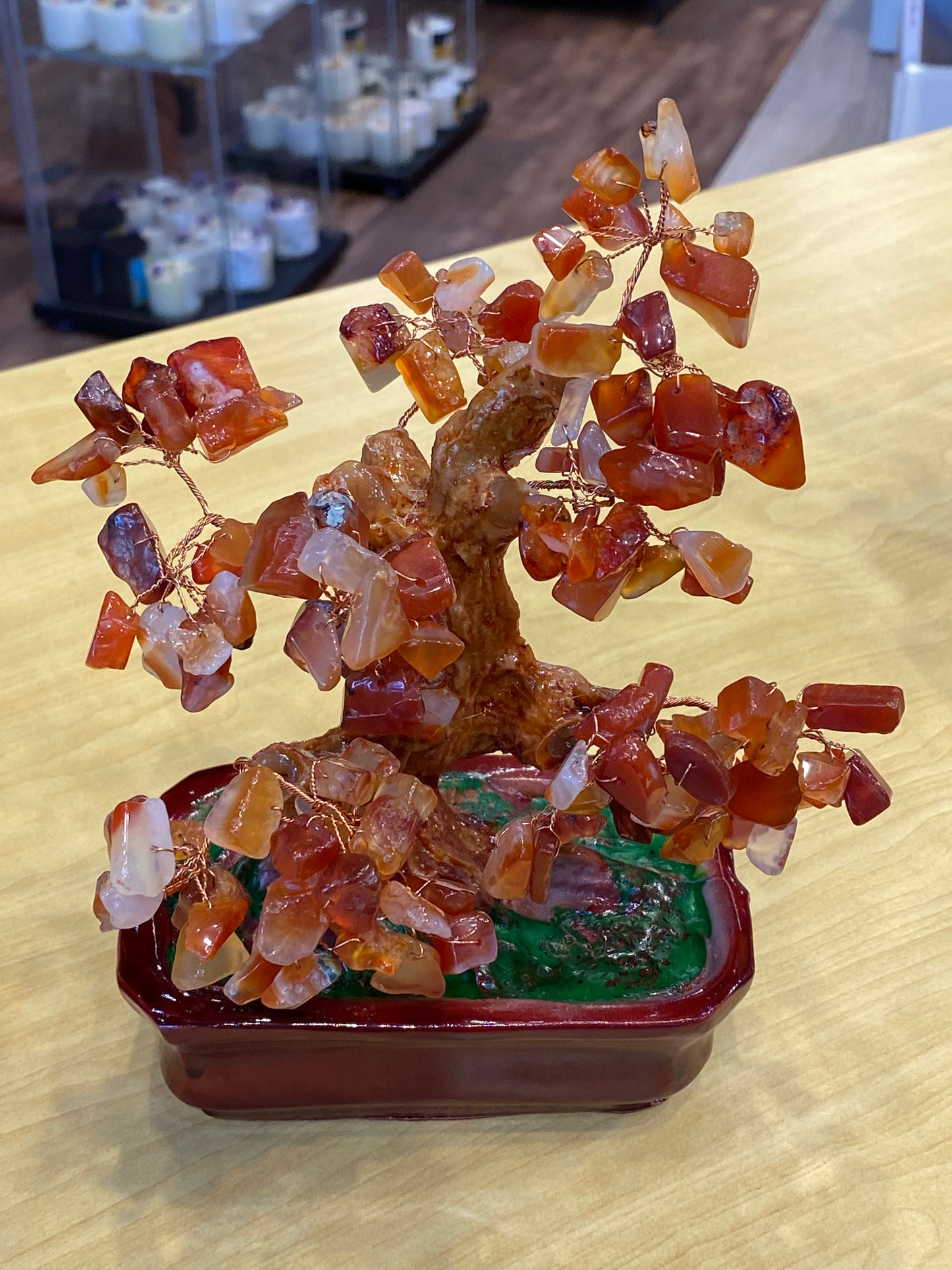 Feng Shui Bonsai Tree Desktop  Tumbled Carnelian in a Red Tub