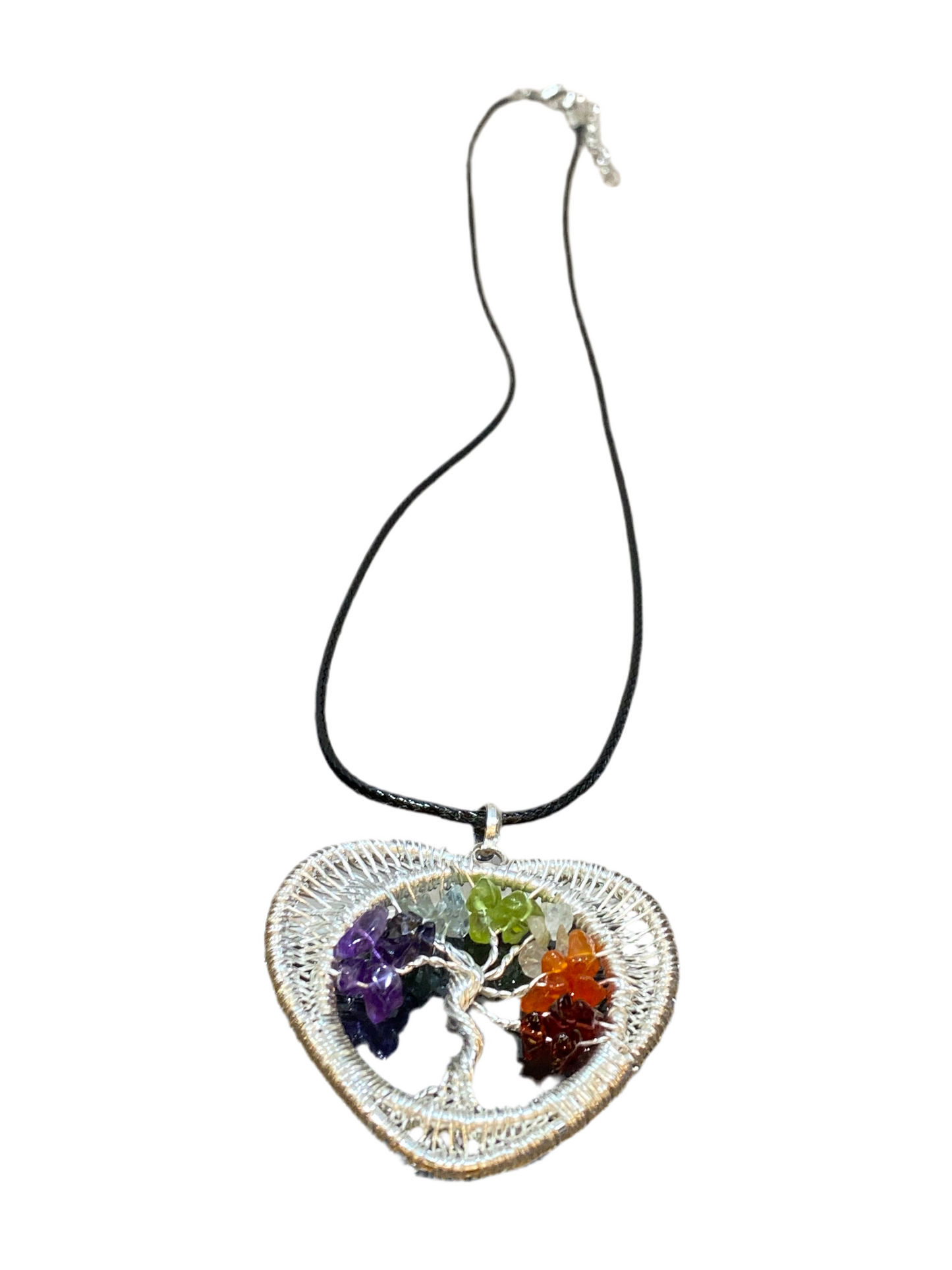 7 Chakra Chips Tree of Life Heart Pendant Silver Wire Wrapped with Black Cord Necklace