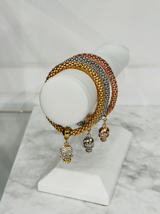 Fashion Jewelry Gold, Rose Gold and Silver Skull Metal Mesh Bracelet