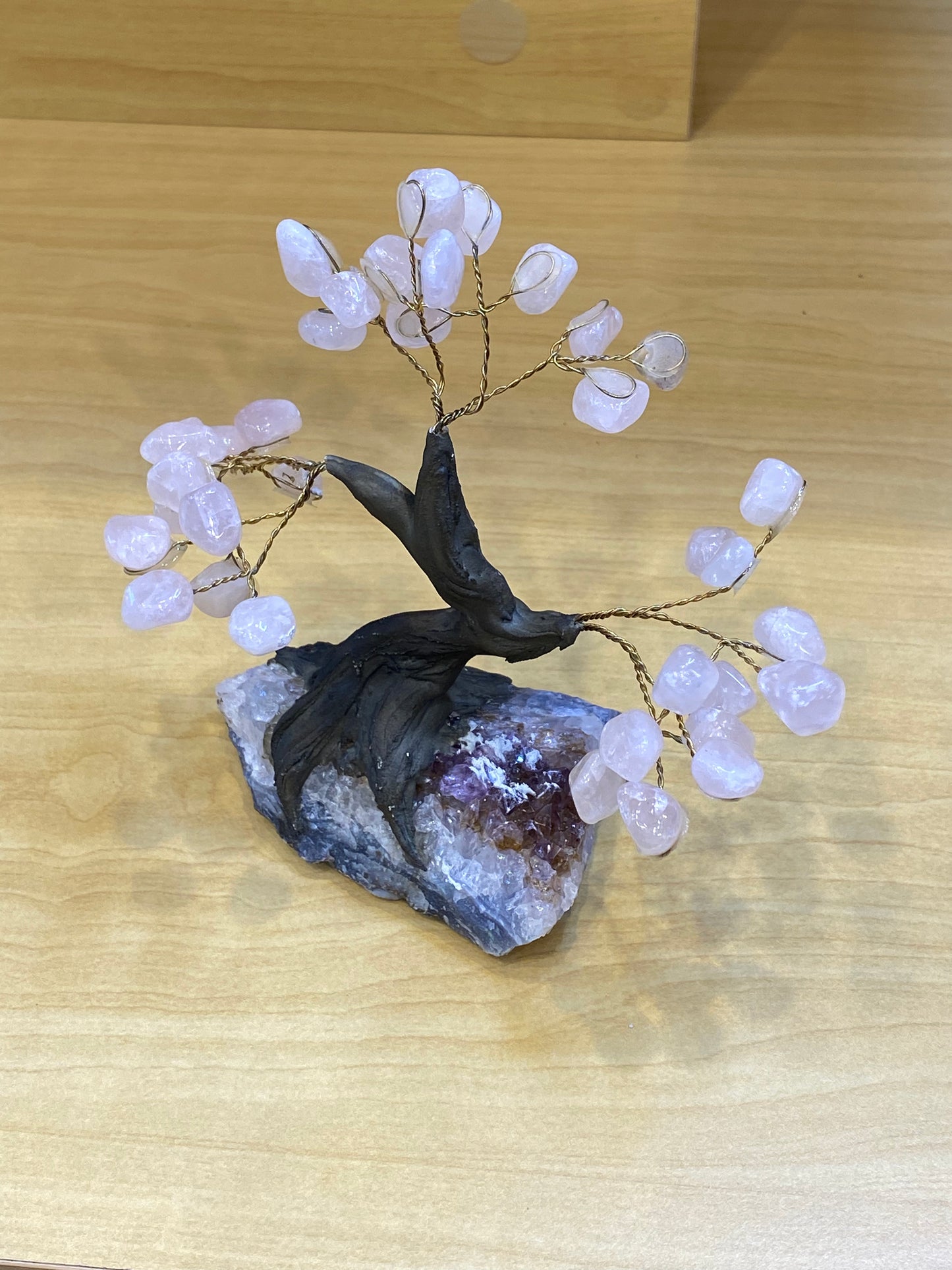 Gemstone Rose Quartz Tree on Amethyst Cluster