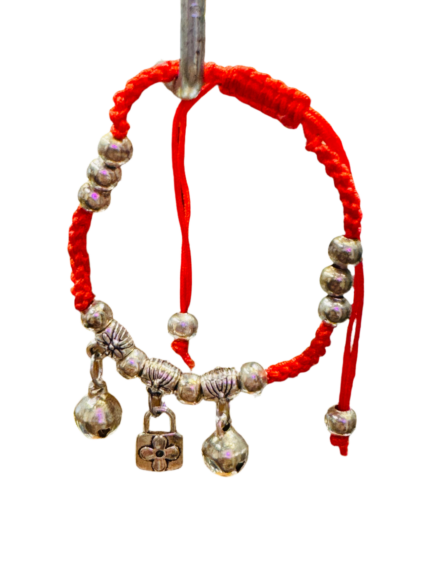 Red String Bracelet Silver Beads With Lock Cross, Beads and Bells