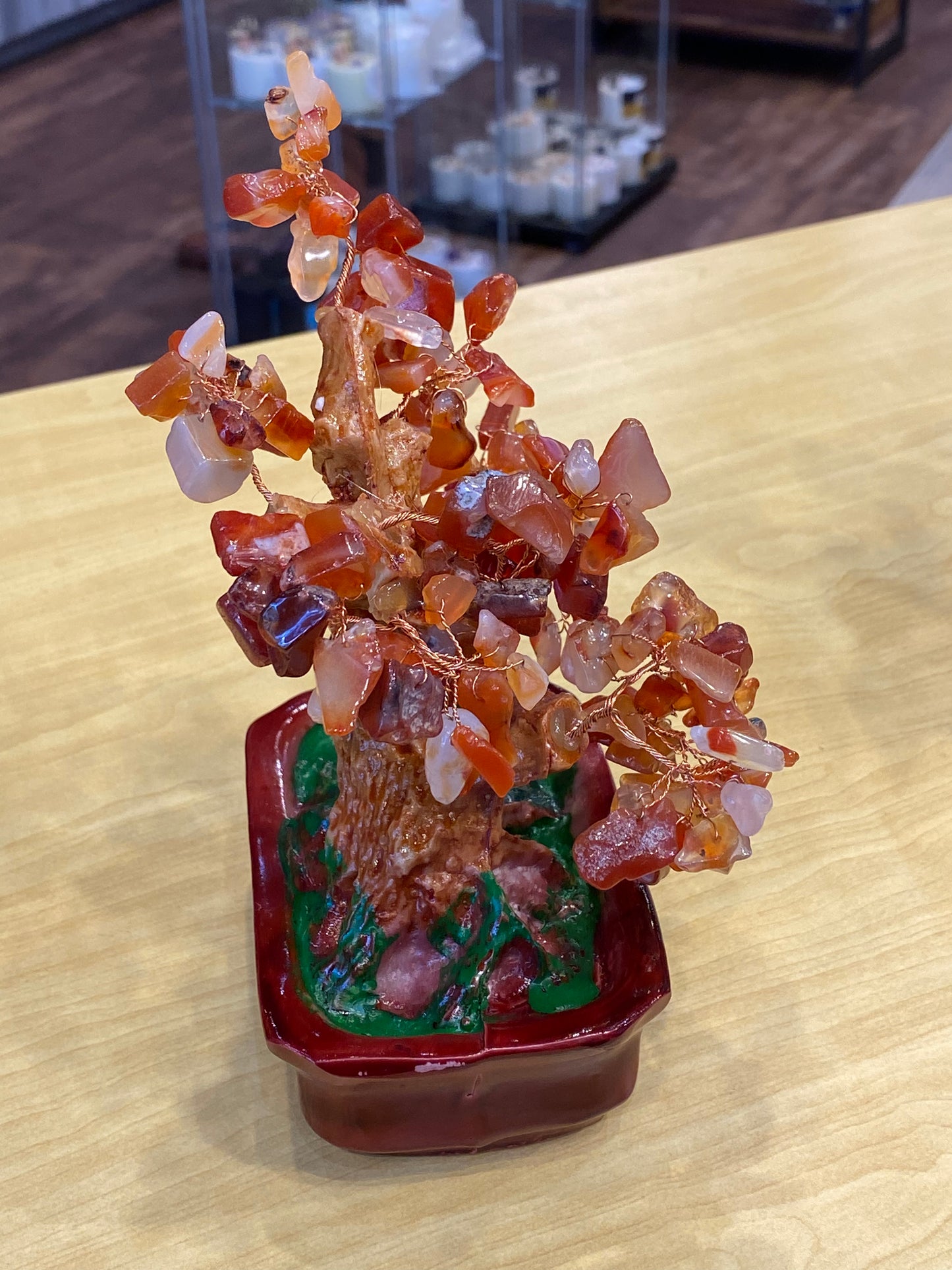 Feng Shui Bonsai Tree Desktop  Tumbled Carnelian in a Red Tub