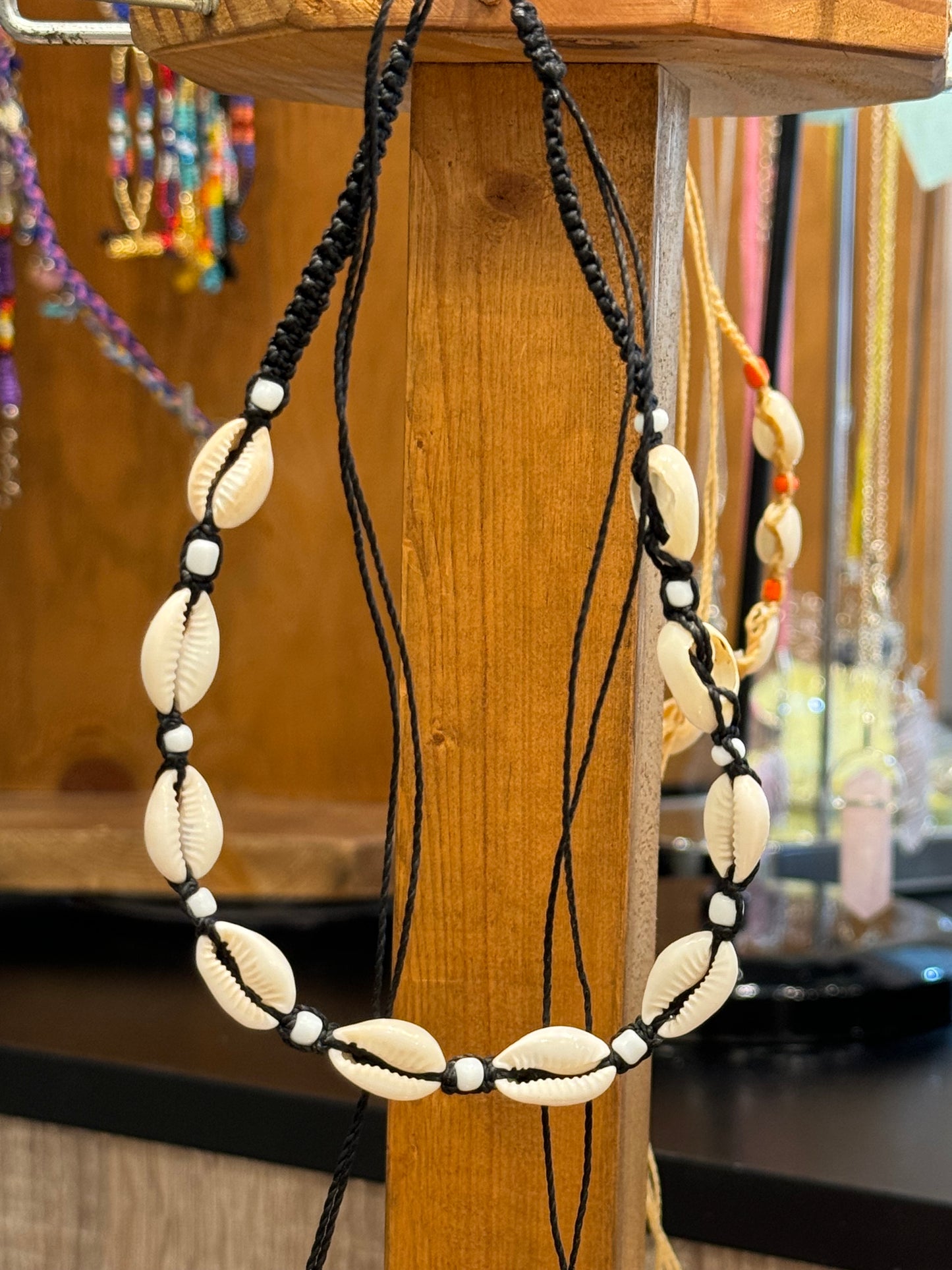 Handmade Cowrie Natural Shell String Pull Tie Choker Necklace White Beads On A Black Necklace