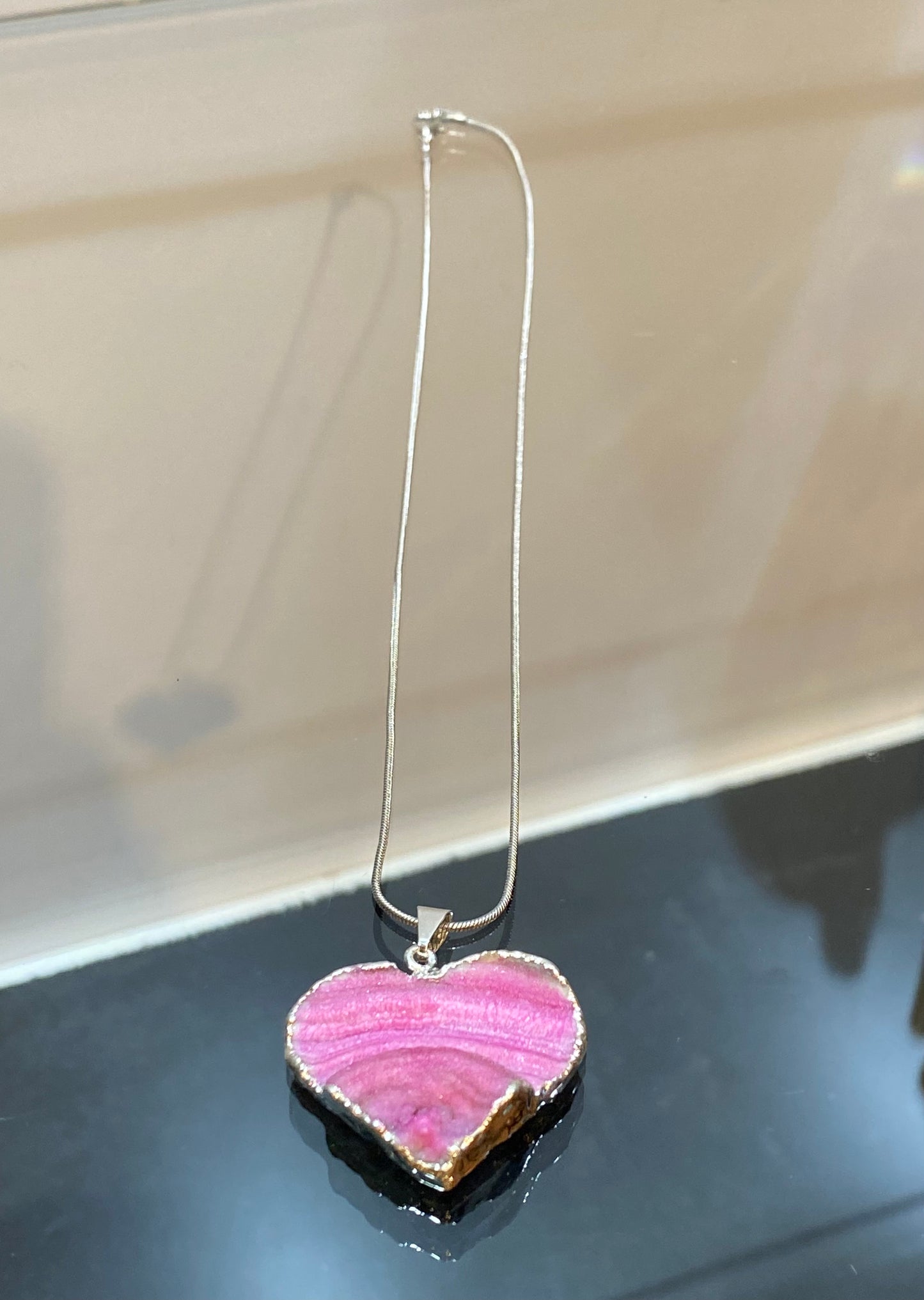 Dark Pink Banded Agate Silver Heart Pendant with Silver Plated Chain