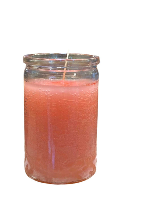 Pink 50 Hour Candle in glass jar, compact size, ideal for meditation and ambiance.