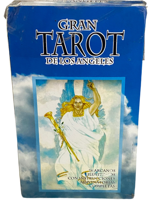 Gran Tarot De Los Angeles deck box featuring angelic imagery and blue cloud design.
