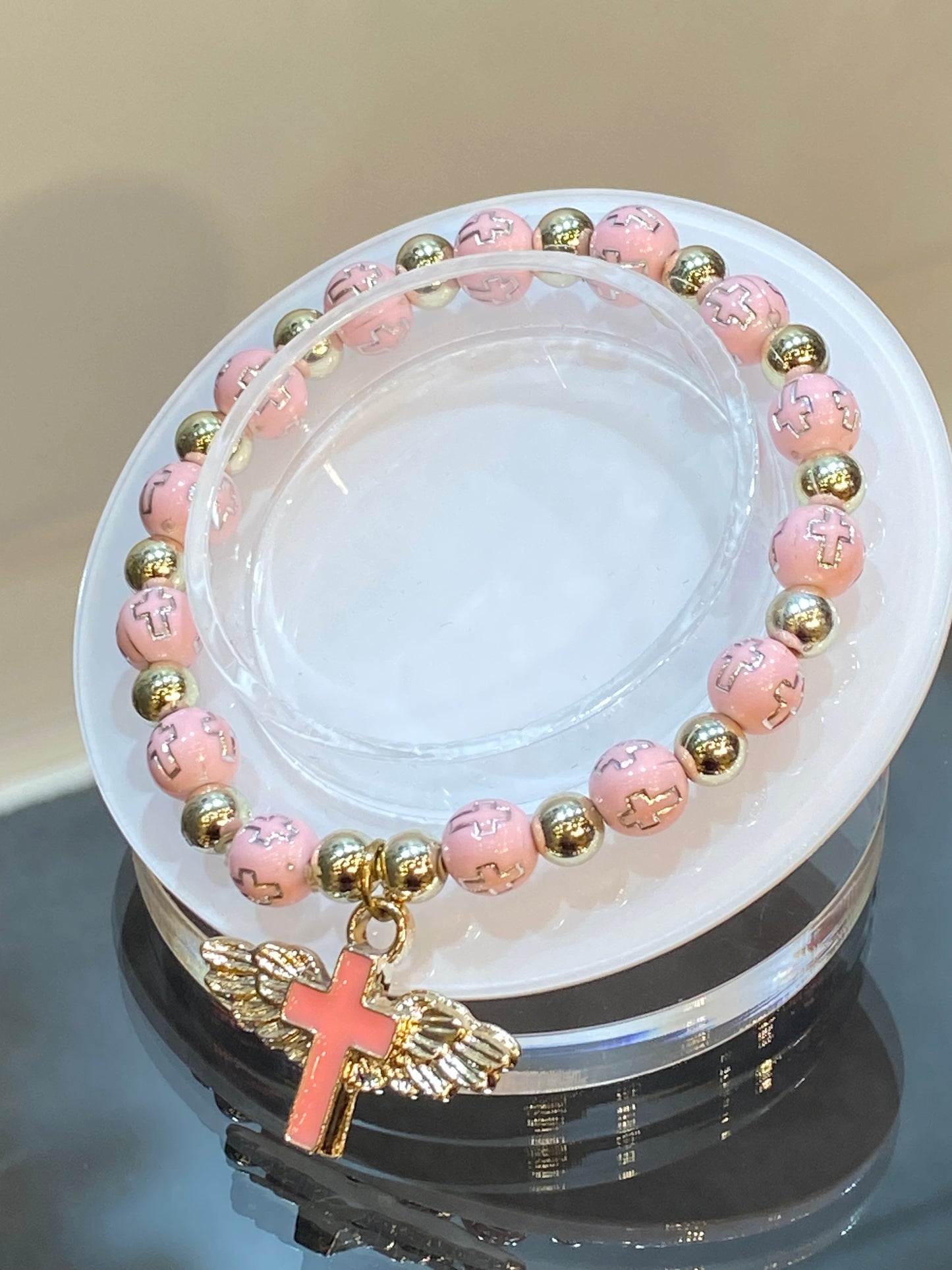 Pink and Silver Engraved Cross Beaded Stretch Bracelet With Hanging Cross Angel Wings Charm