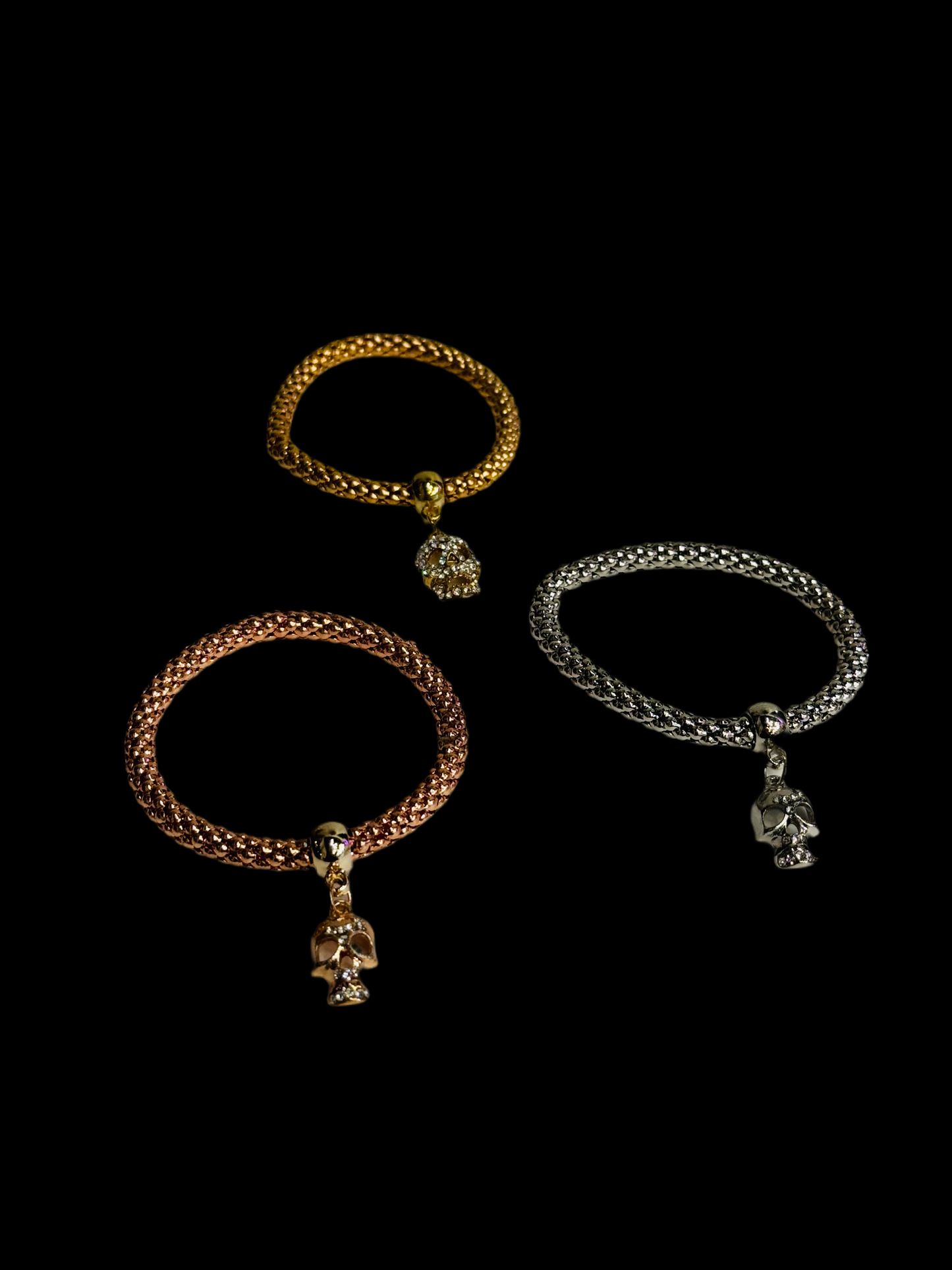 Fashion Jewelry Gold, Rose Gold and Silver Skull Metal Mesh Bracelet