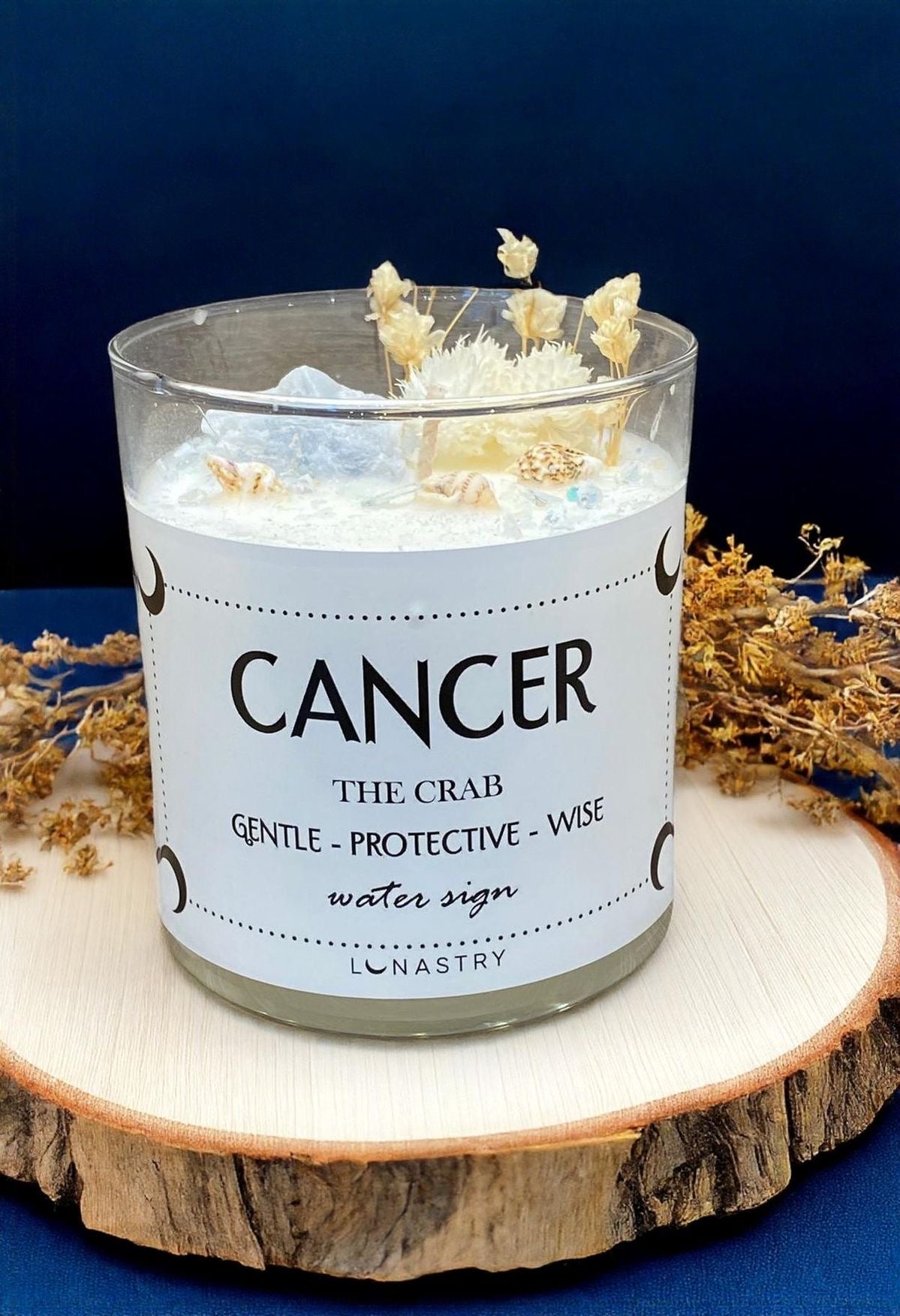 Lunastry Cancer Candle hand-poured soy wax with crystals and flowers for Cancer zodiac sign