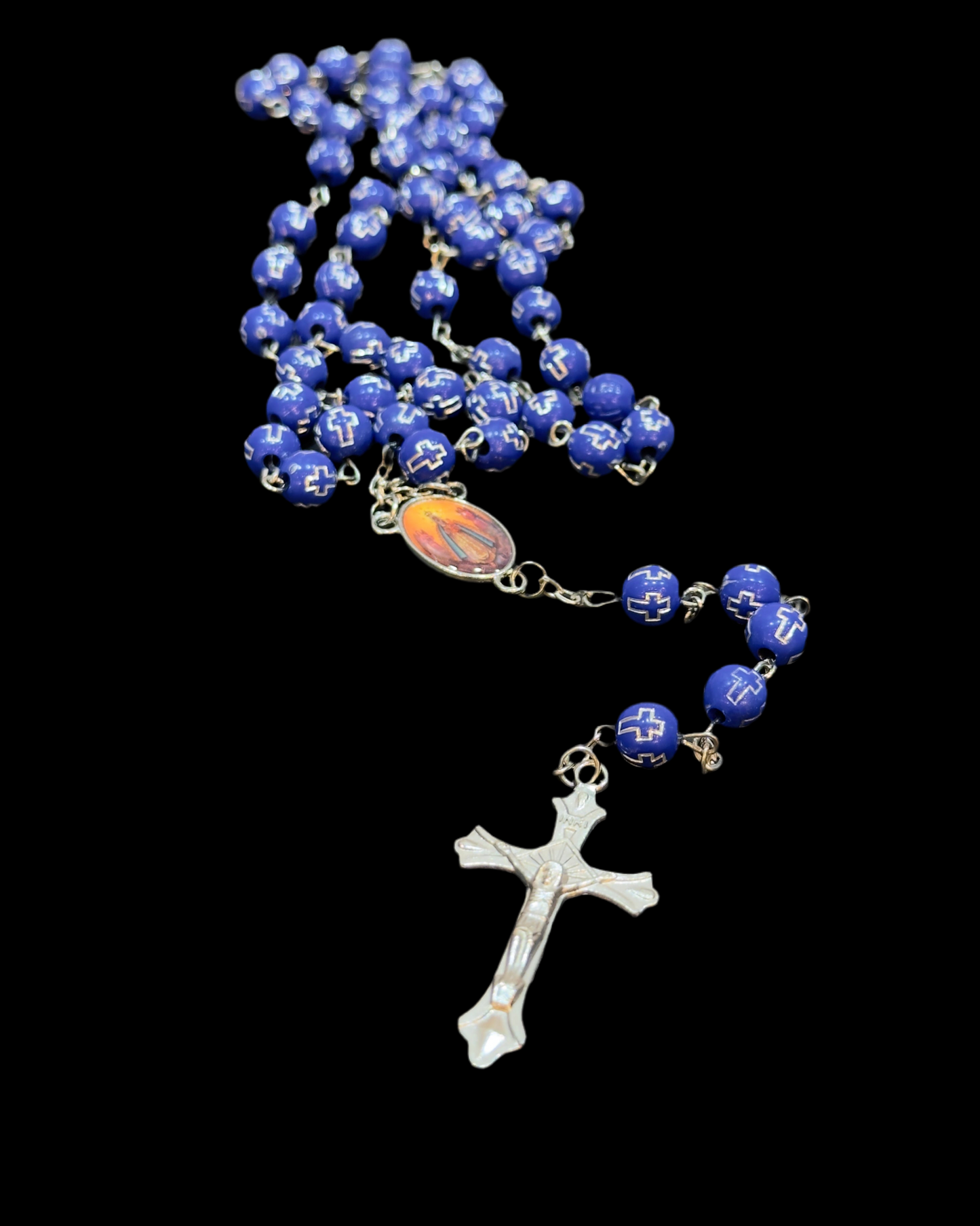 Vintage Silver Cross Christ Catholic Rosary in Cobalt Blue Beaded Engraved Cross