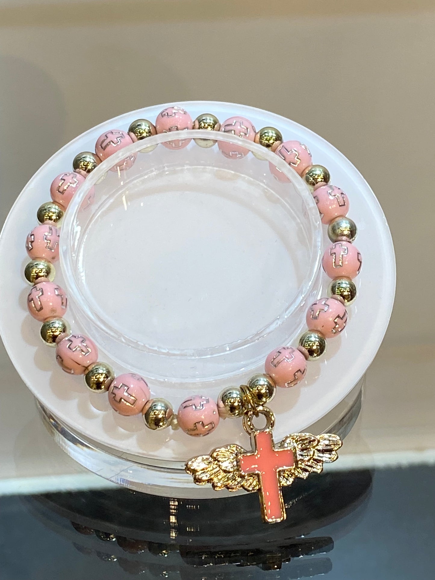 Pink and Silver Engraved Cross Beaded Stretch Bracelet With Hanging Cross Angel Wings Charm