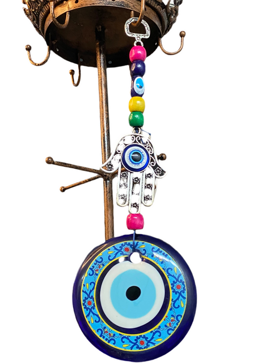 Hamsa with Large Evil Eye Medallion and dangling colorful wooden beads