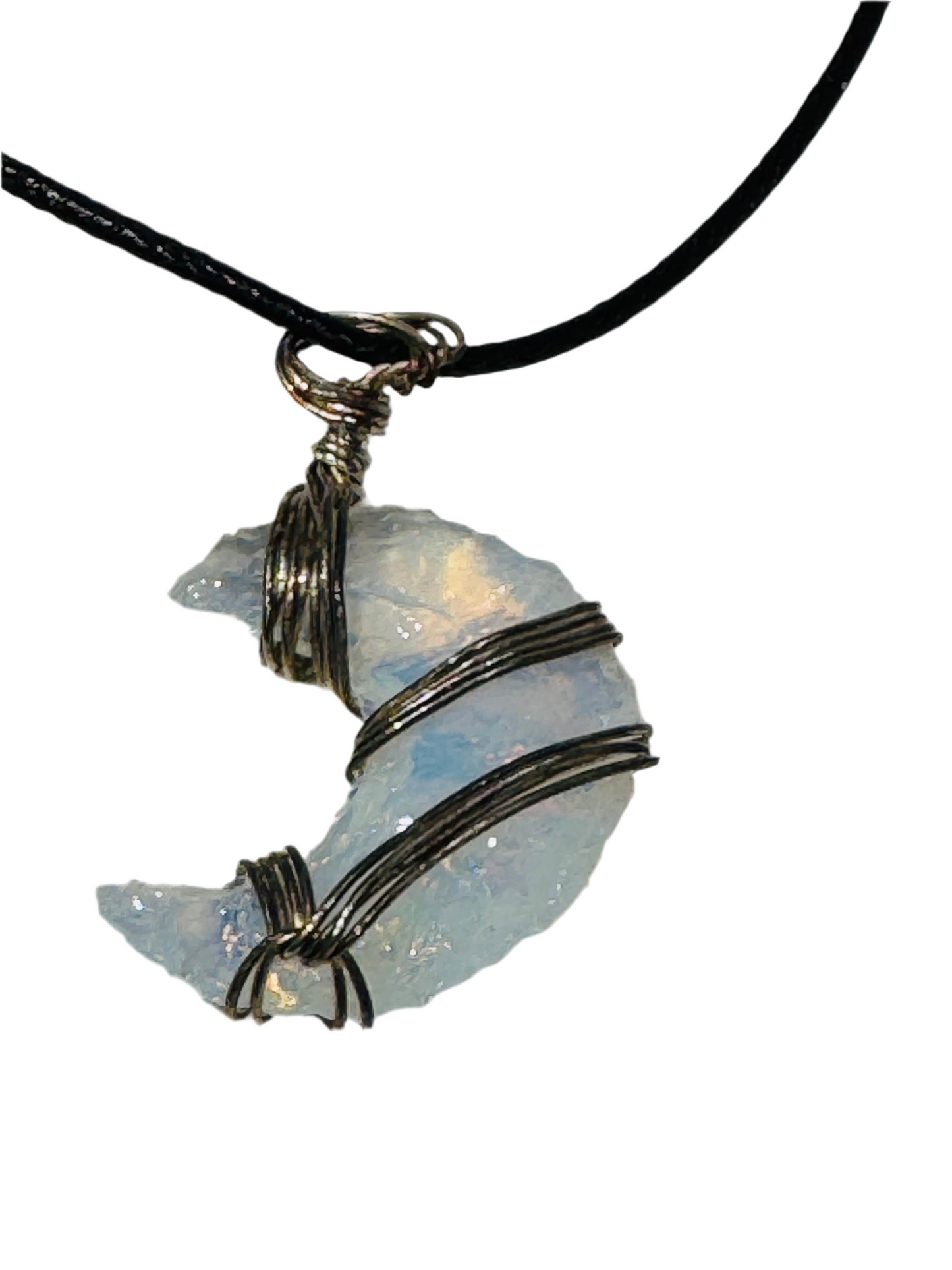 Opalite Crescent Moon Pendant Wire Wrapped with Adjustable Black Cord Necklace