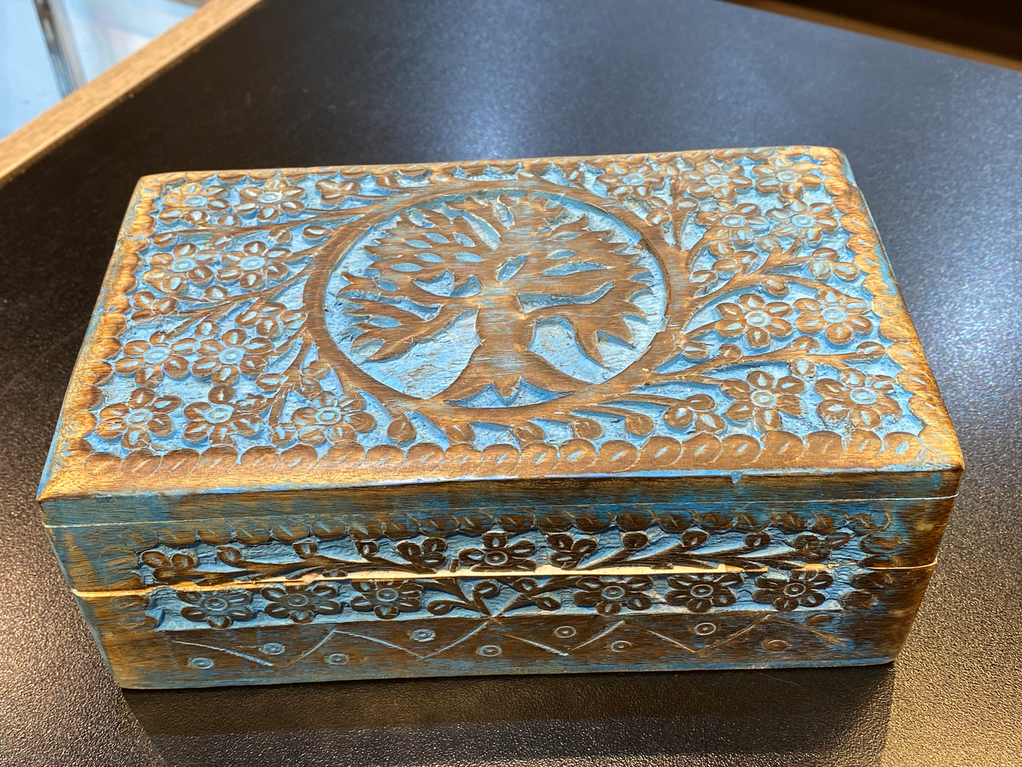 Wooden Handicraft Storage Box Tree of Life Turquoise