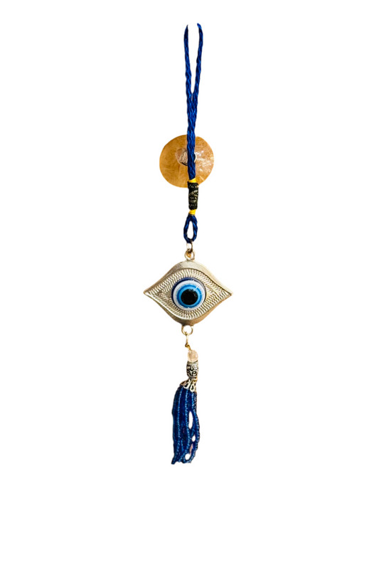 Silver Evil Eye Hanging Car Decor Ornament with Beaded Tassels