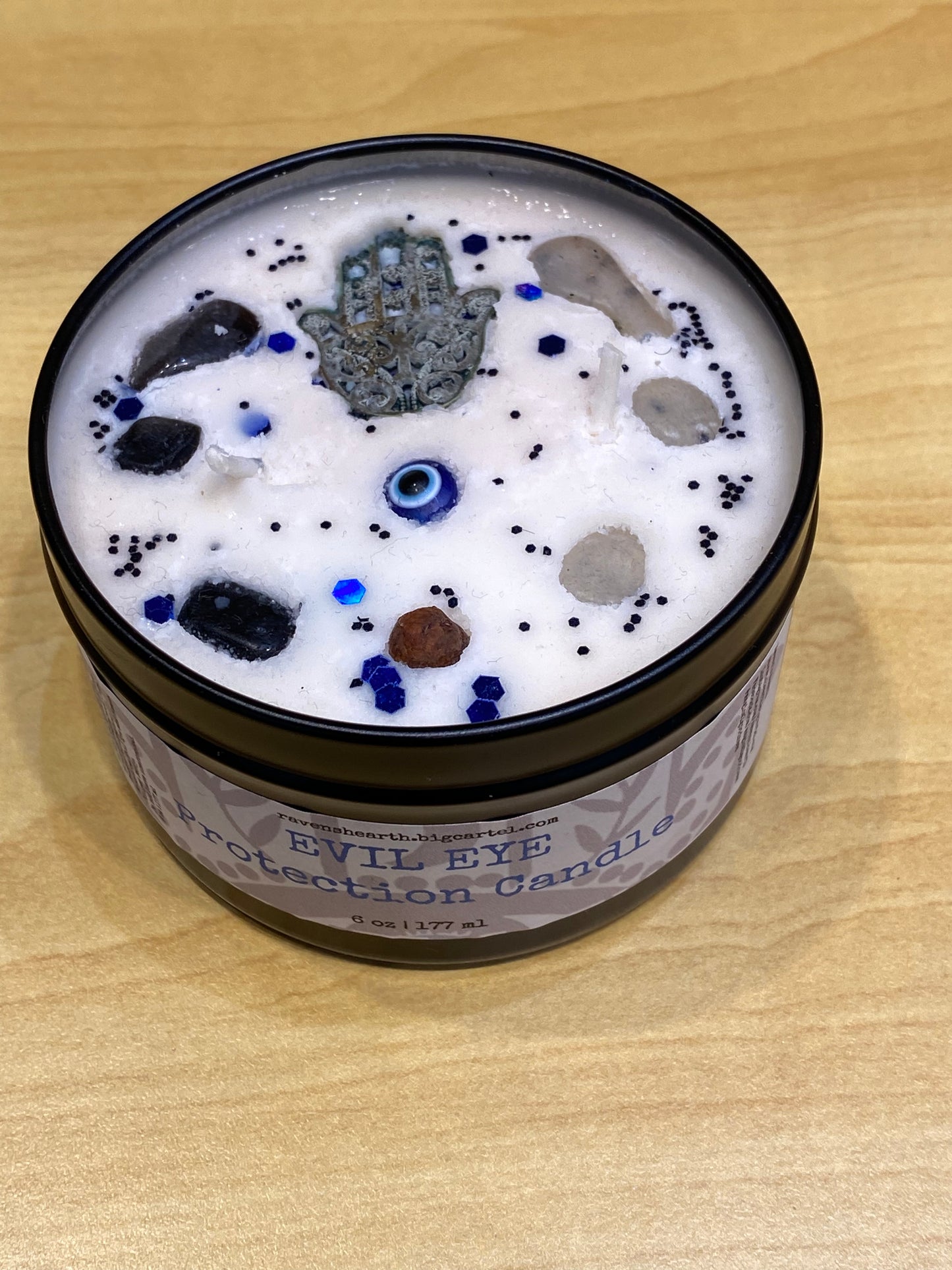 Evil Eye Crystal Protection Candle 
Raven's Hearth