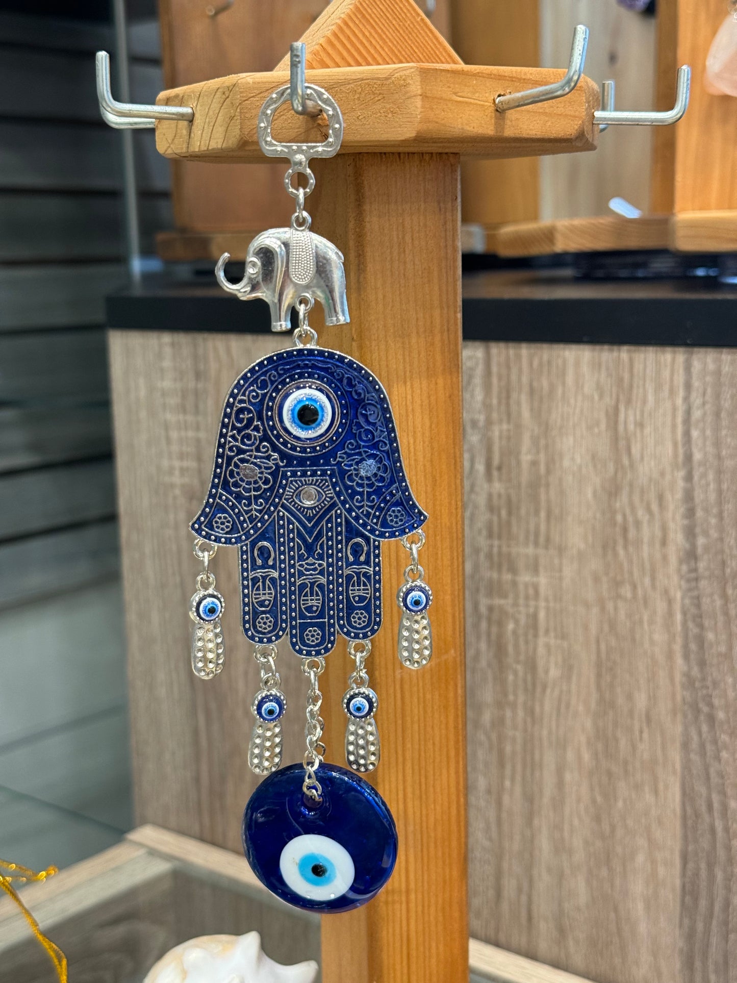 Turkish Blue Evil Eye Hamsa Hand Elephant and Evil Eye Talisman Amulet Wall Hanging Ornament