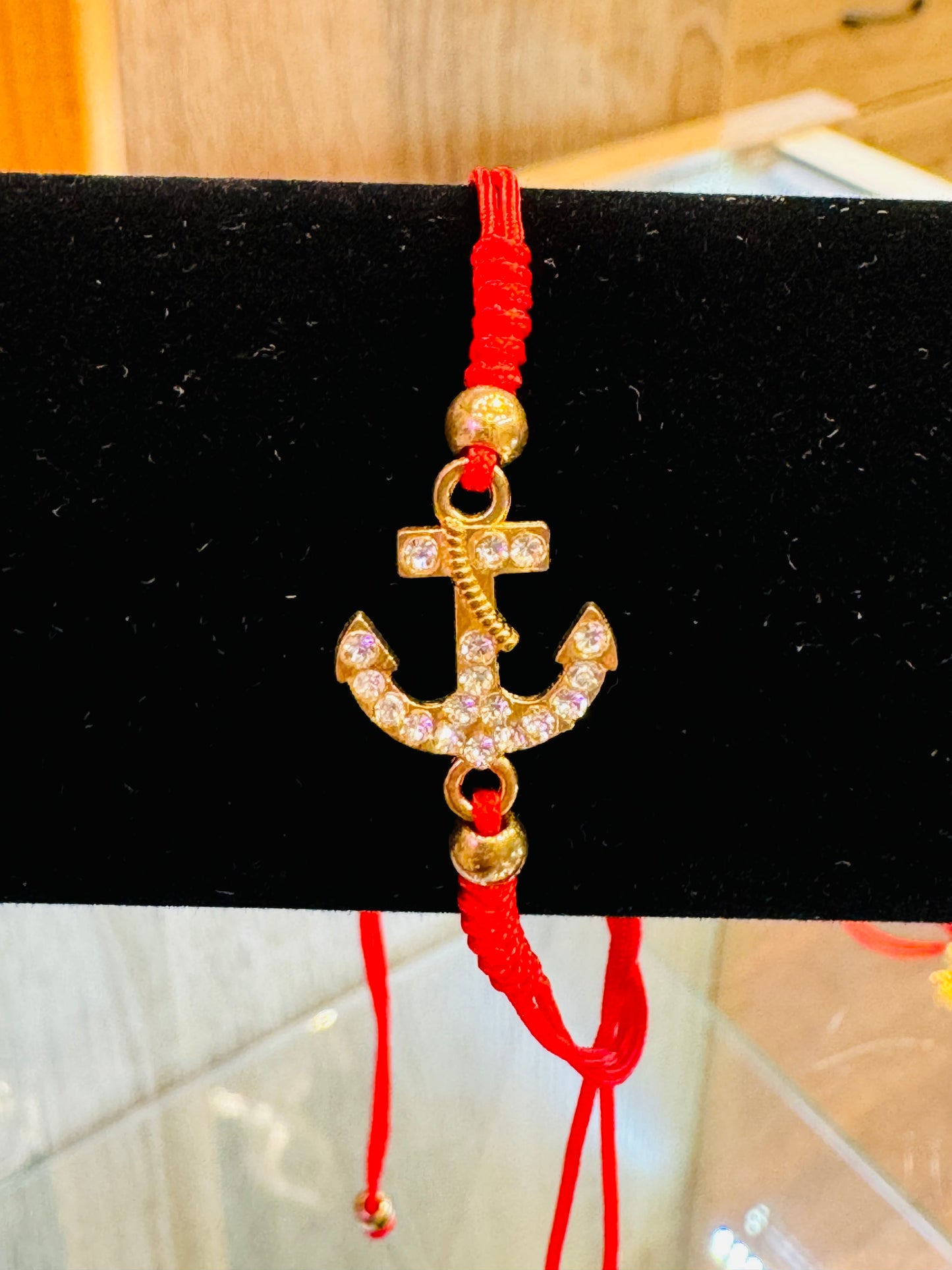 Red String Pull Tie Bracelet Rhinestone Anchor Charm and Golden Beads