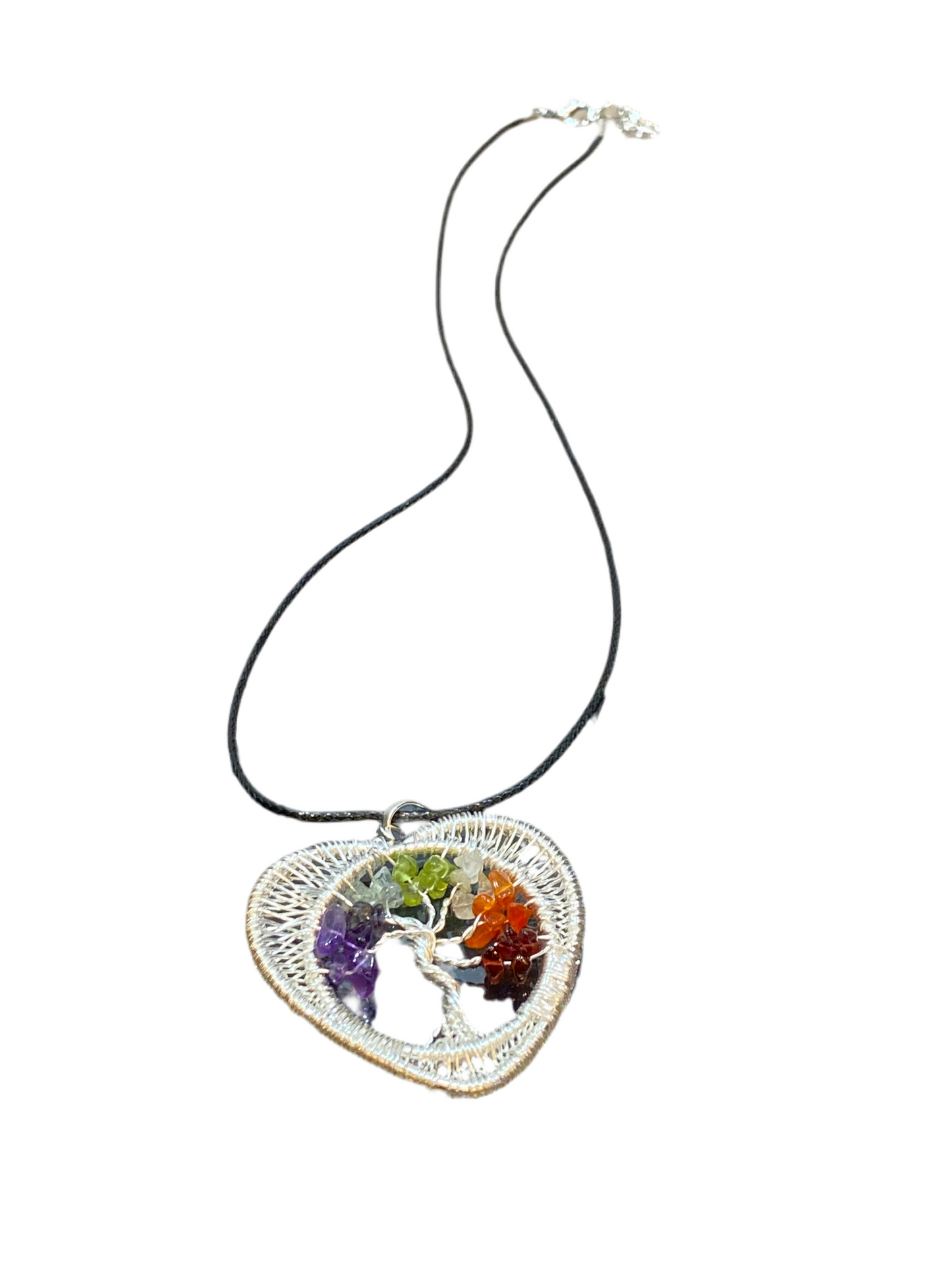 7 Chakra Chips Tree of Life Heart Pendant Silver Wire Wrapped with Black Cord Necklace