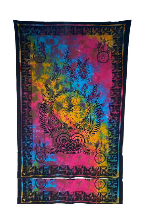 Colorful Owl Dream Catcher Tapestry with intricate design and spiritual symbolism.