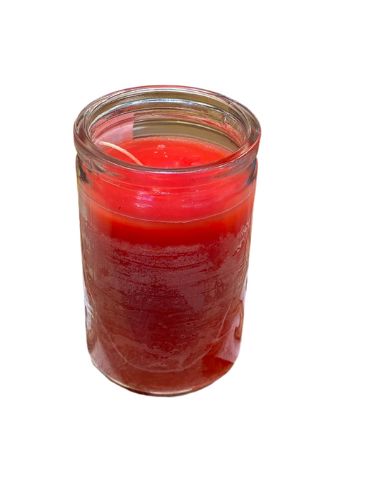 Prayer Red 50 Hour Candle in glass holder, vibrant red color.