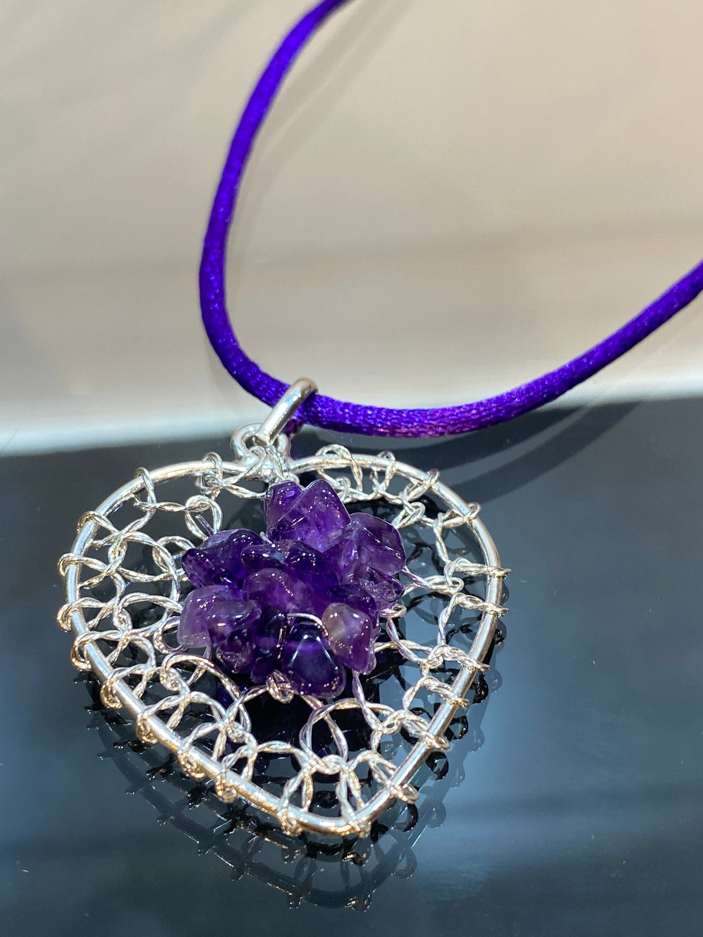 Amethyst Chip Silver Wired Heart Pendant With Purple Cord Necklace