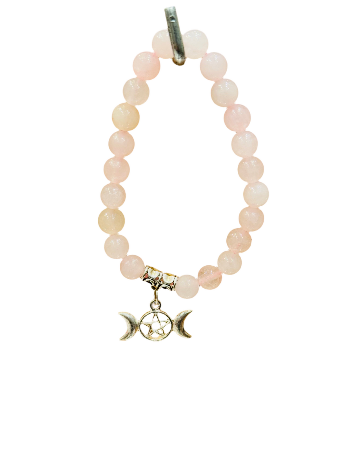 Rose Quartz Gemstone Bracelet With Triple Moon Pentagram