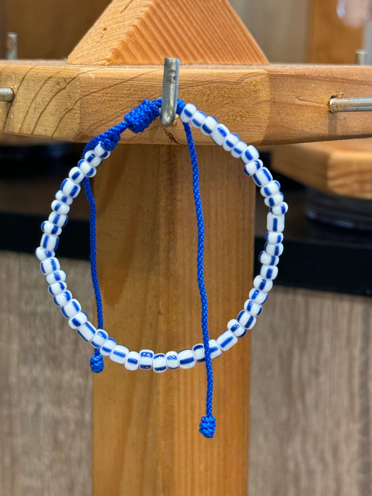 Handmade Pull Tie Nautical Blue and White Seed Beaded Bracelet