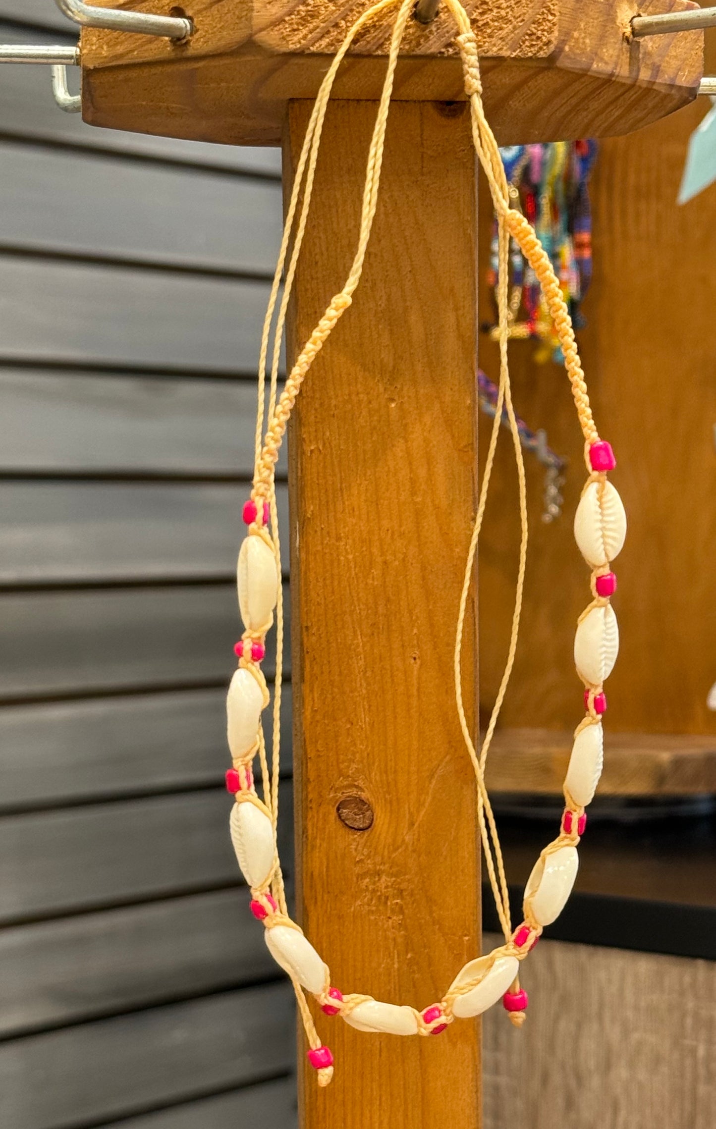 Handmade Cowrie Shells Hot Pink Beads String Pull Tie Choker Necklace