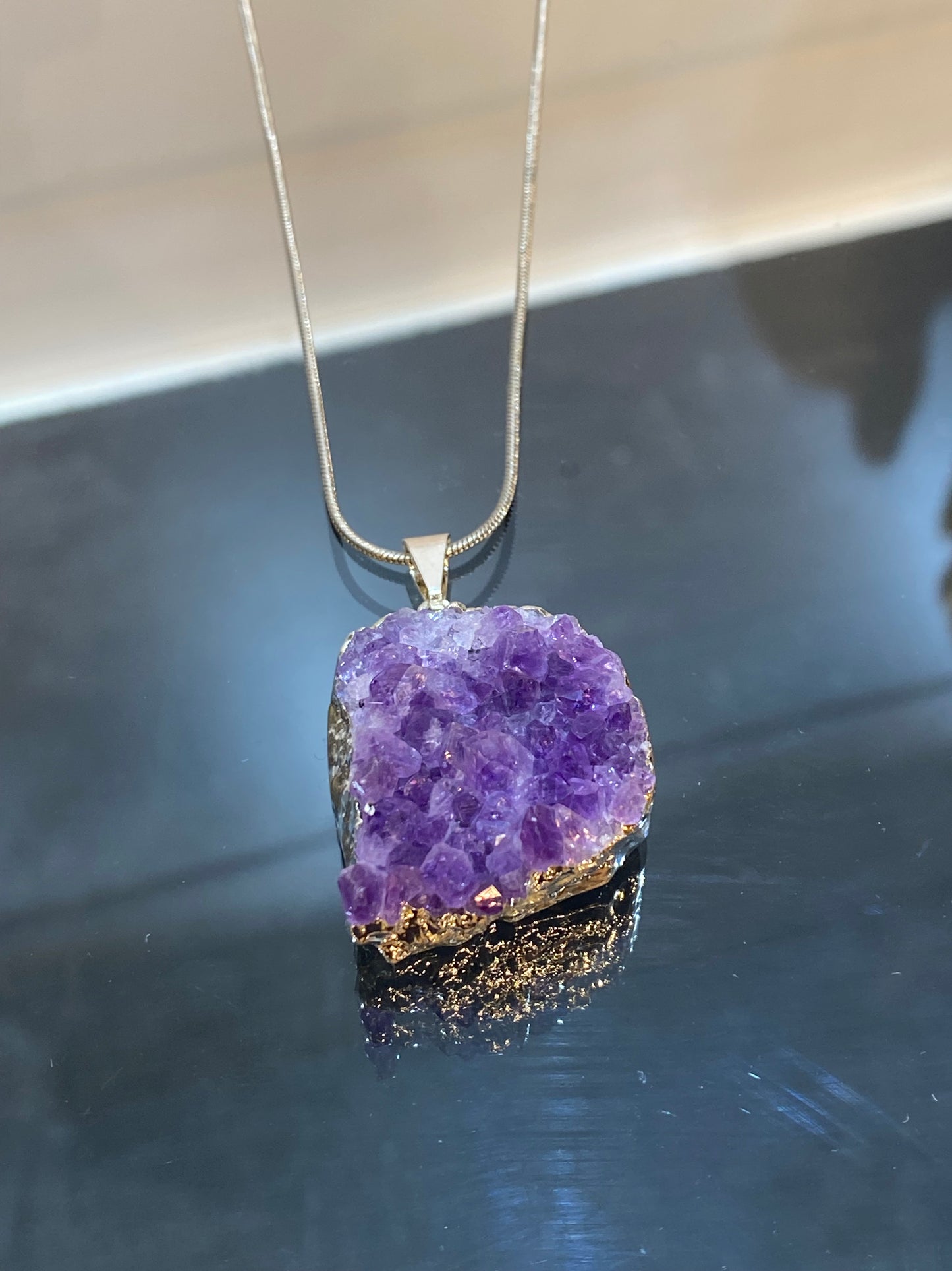 Amethyst Druzy Cluster Pendant With Silver Necklace