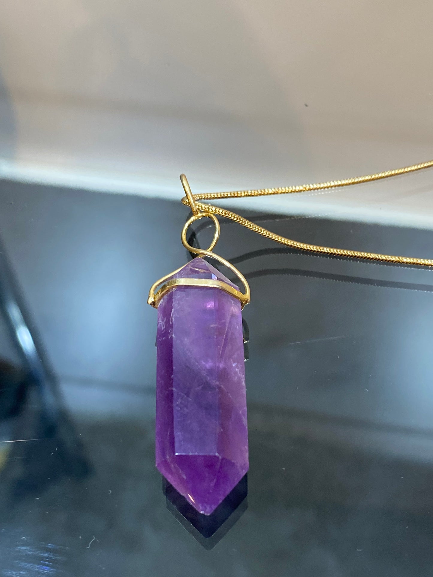 Amethyst Double Terminated Point Gold Overlay Twist Pendant with Gold Chain