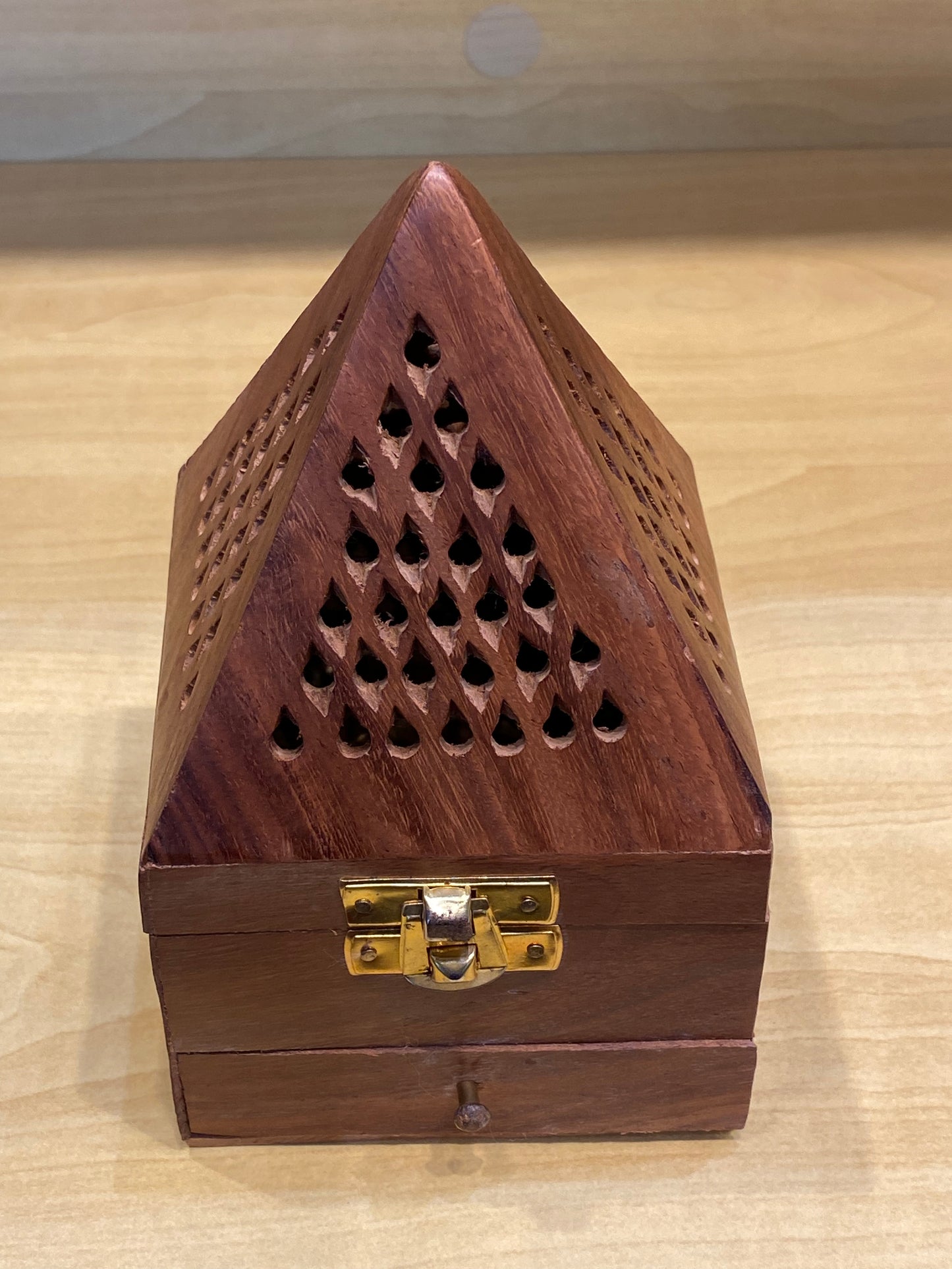 Wooden Pyramid Cone and Charcoal Burner with Storage Net Carving