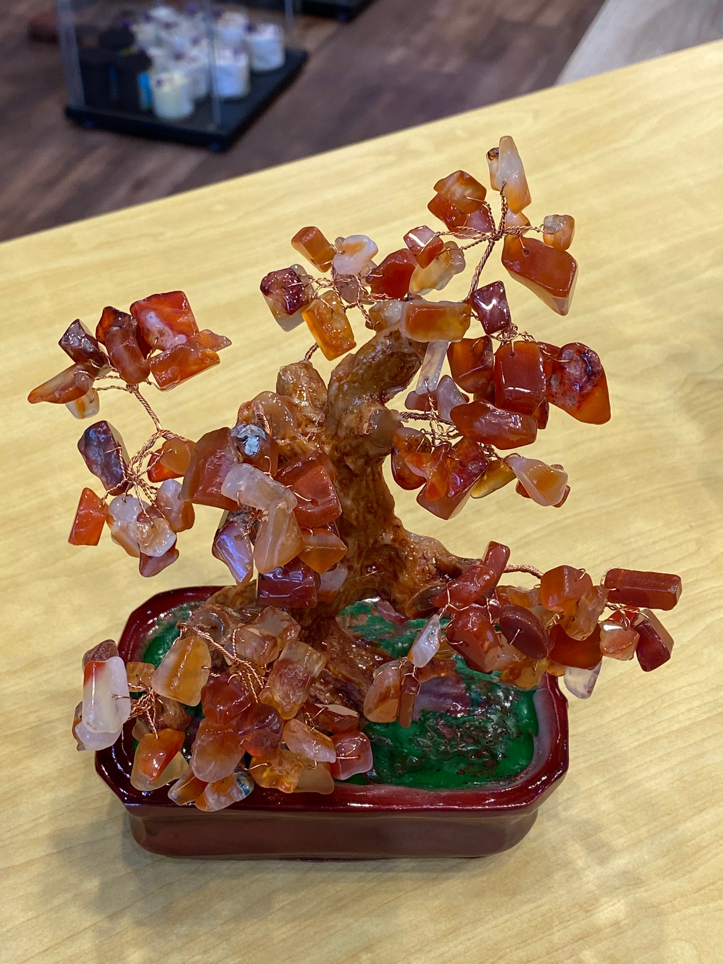 Feng Shui Bonsai Tree Desktop  Tumbled Carnelian in a Red Tub