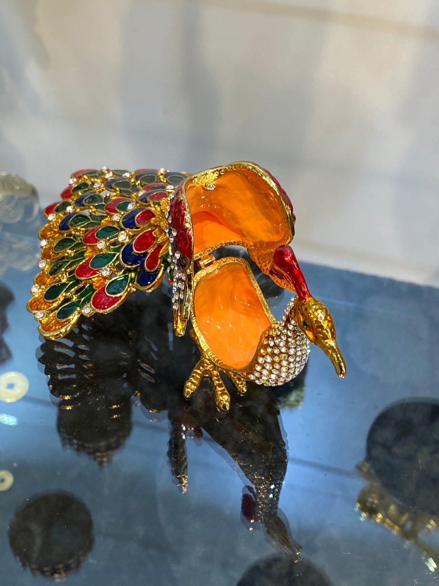 Peacock Upright Opened Multicolored Feathers Trinket Box