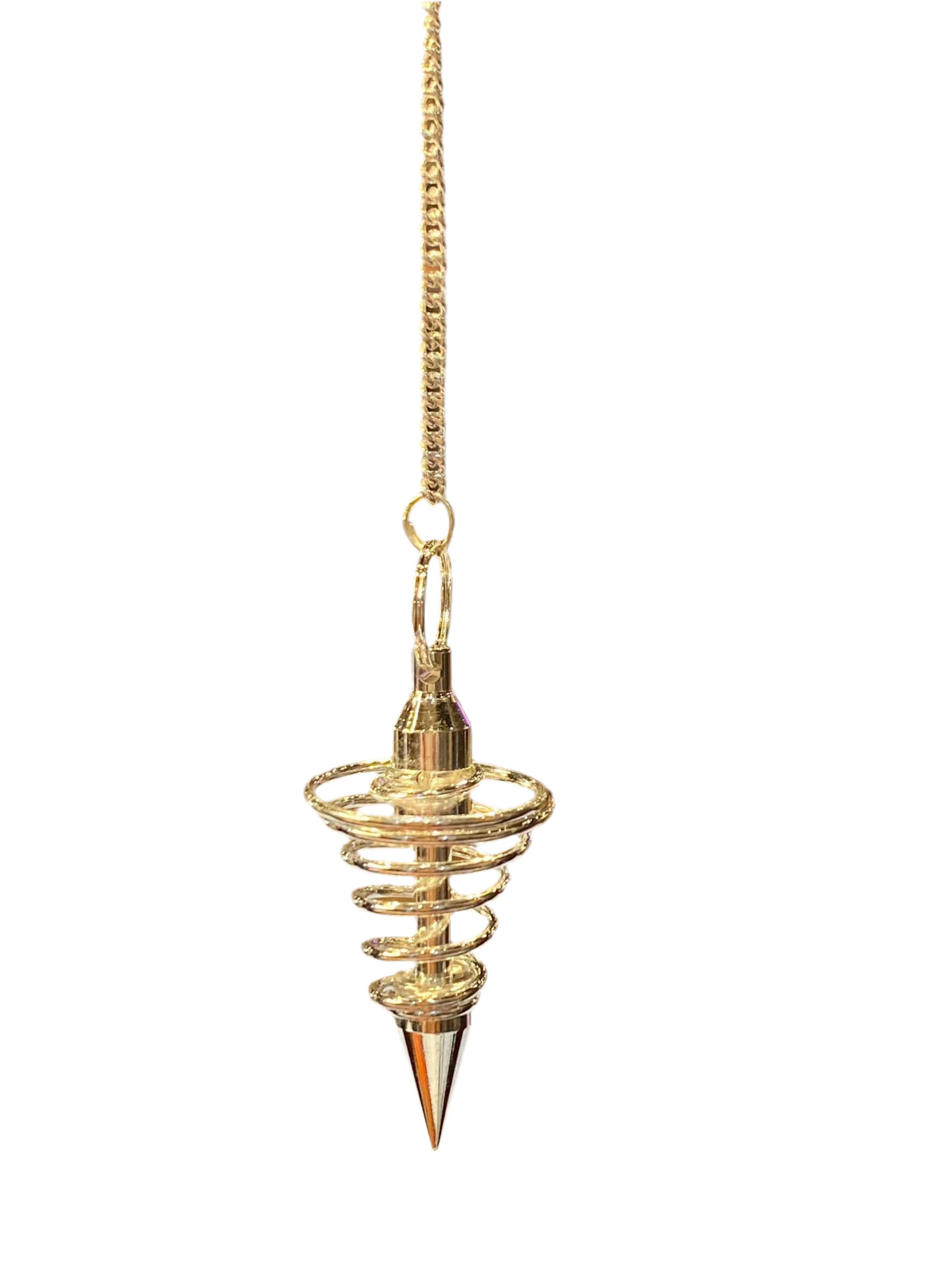 Spiral Metal Pendulum with pointed crystal design for spiritual healing and clarity.