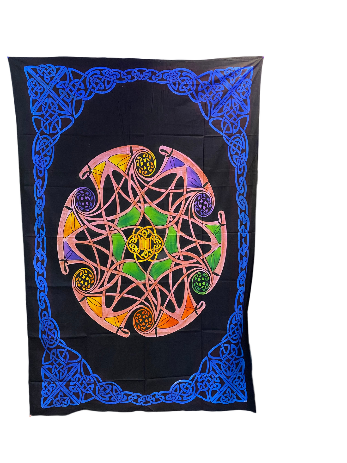 Celtic Knots Indian Cotton Tapestry with intricate sacred geometry design in vibrant colors.