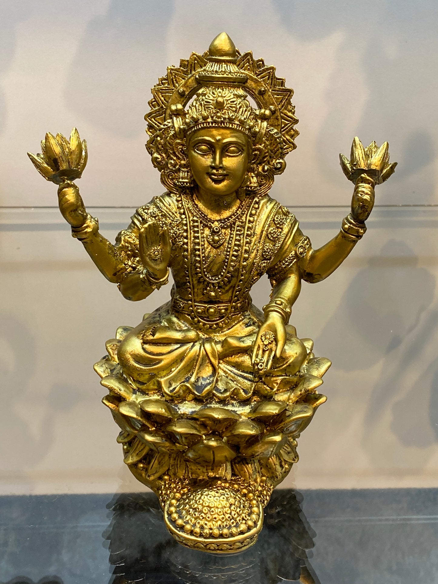 Goddess Lakshmi sitting on Lotus Raining Gold Coins Antique Golden Color