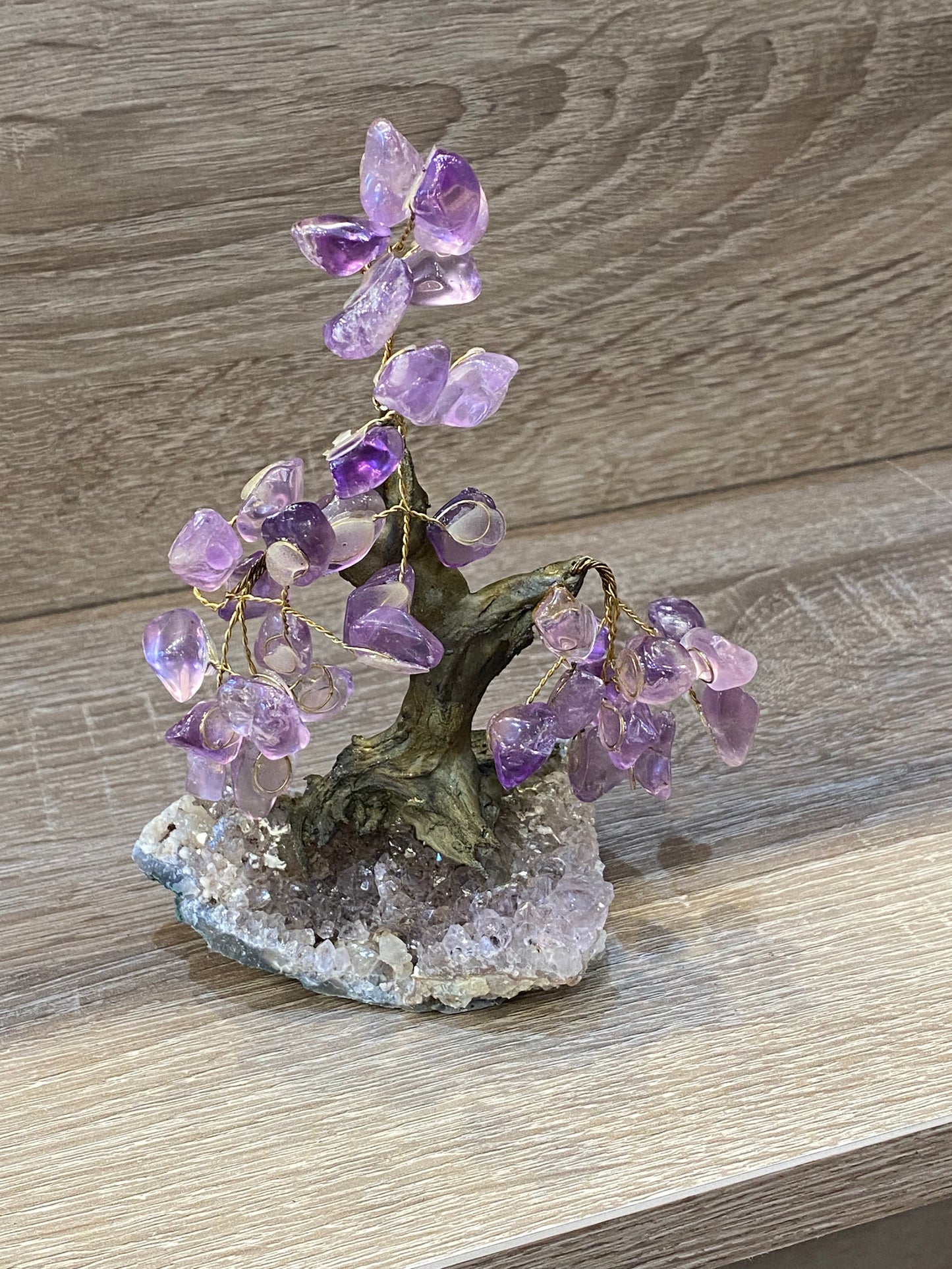 Gemstone Amethyst Bonsai Tree on Amethyst Cluster