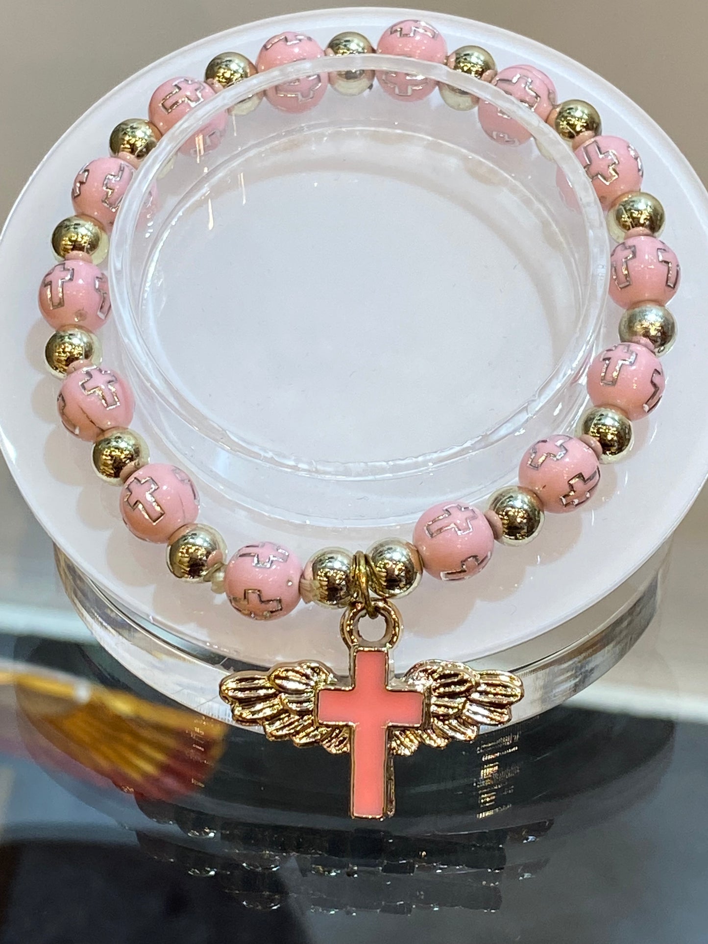 Pink and Silver Engraved Cross Beaded Stretch Bracelet With Hanging Cross Angel Wings Charm