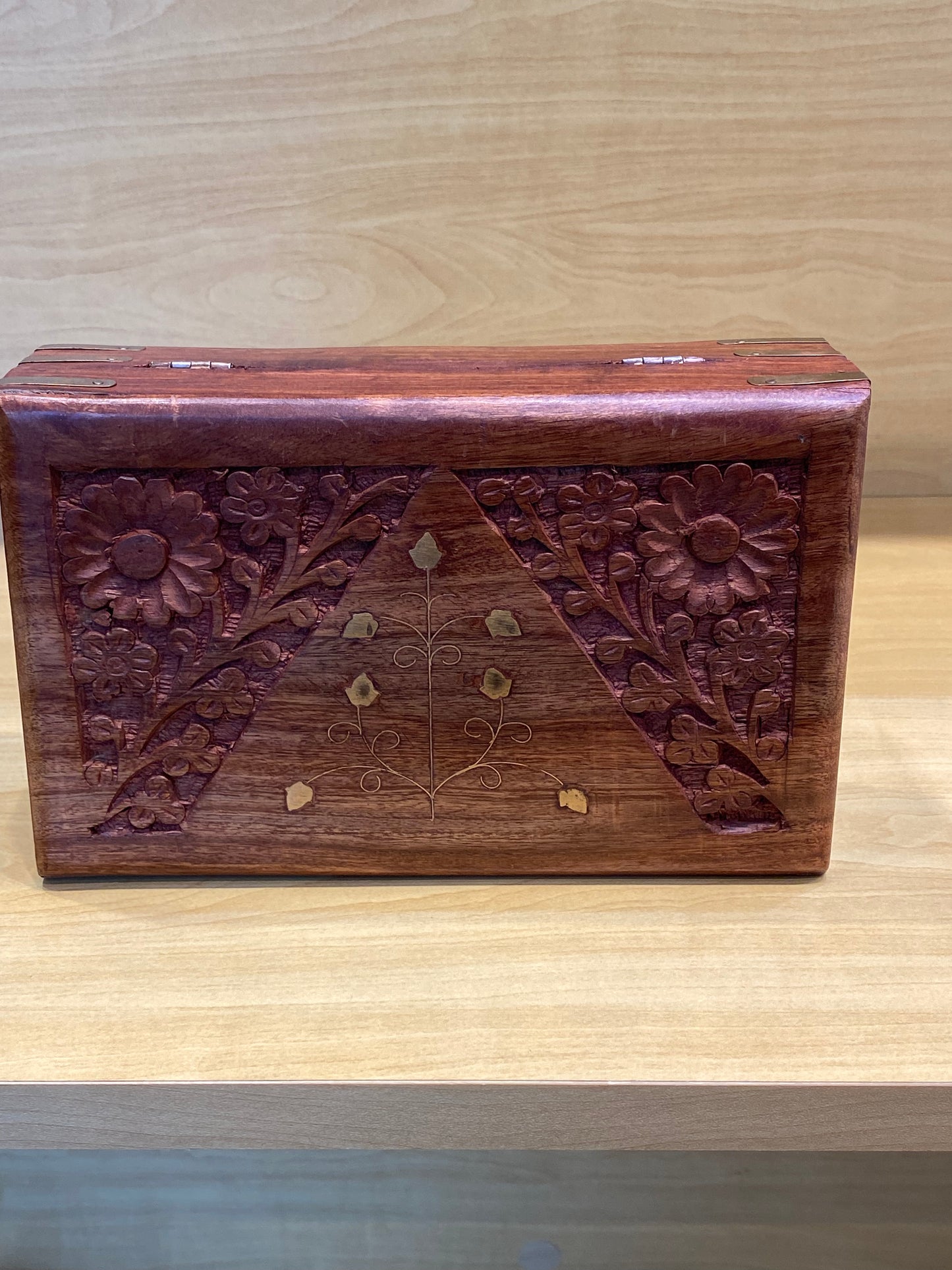 Hand Carved Wooden Storage Box Flower with Gold Vine (Brown)