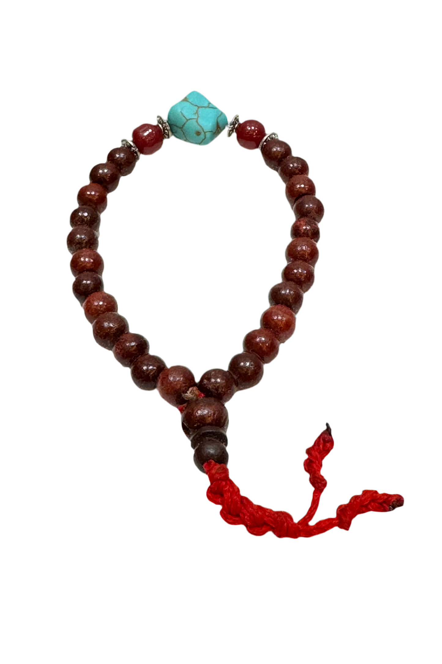 Rosewood, Turquoise and Brass Mala Beaded Bracelet Red String