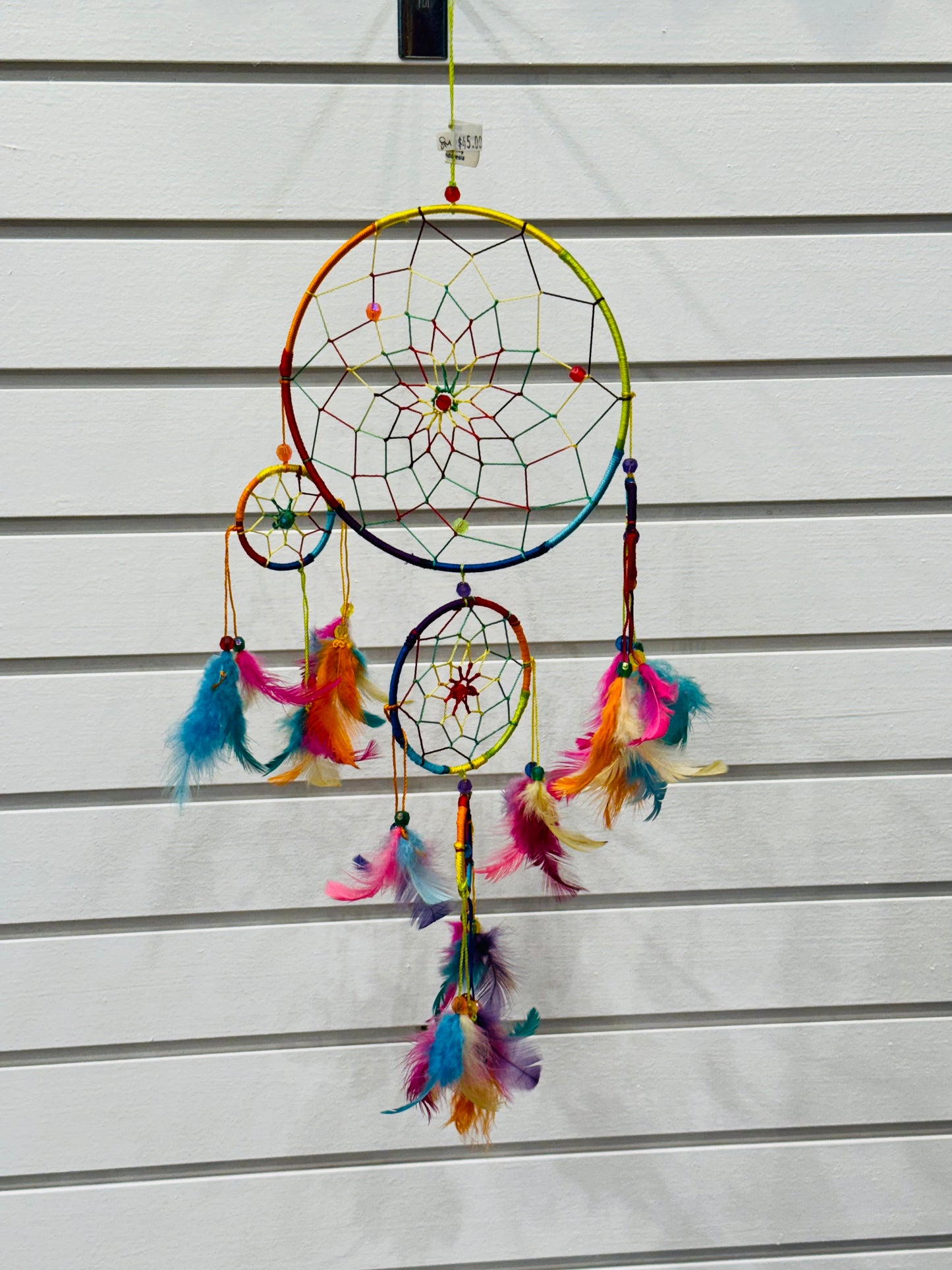 Chakra Leather Dreamcatcher Faceted Beaded Rainbow and Colorful Feathers