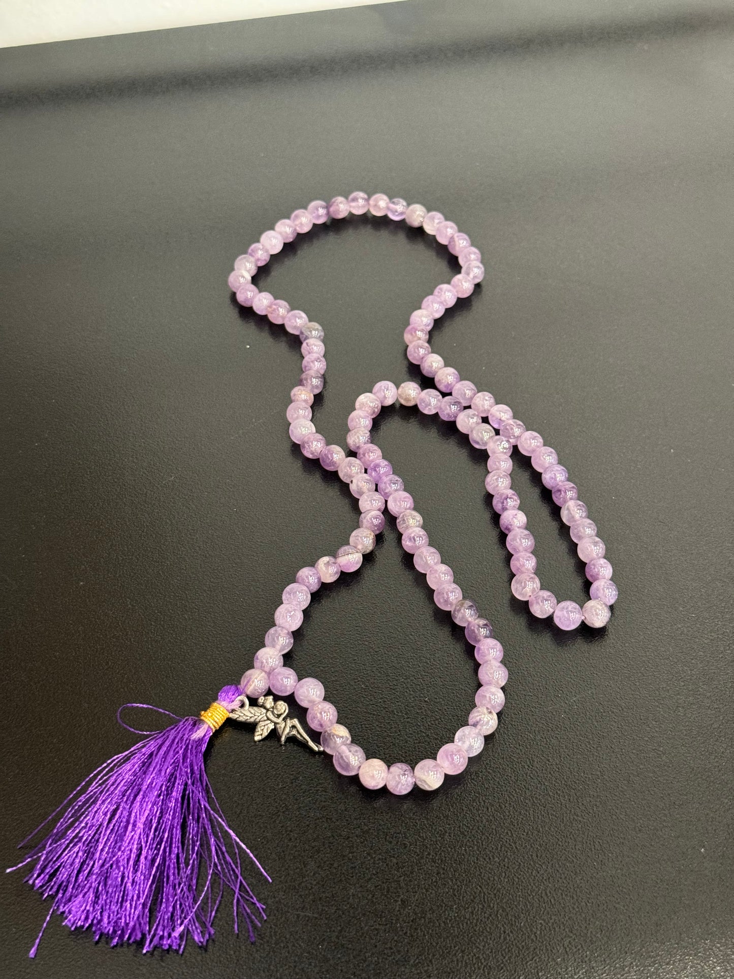 Amethyst Prayer Mala Necklace With Fairy Charm And Purple Tassle