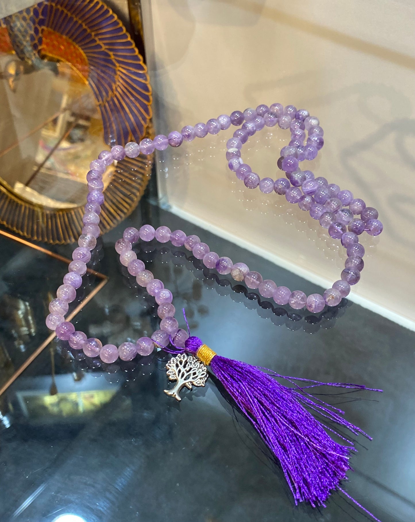 Light Amethyst Prayer Mala Necklace With Tree Of Life Charm And Purple Tassle