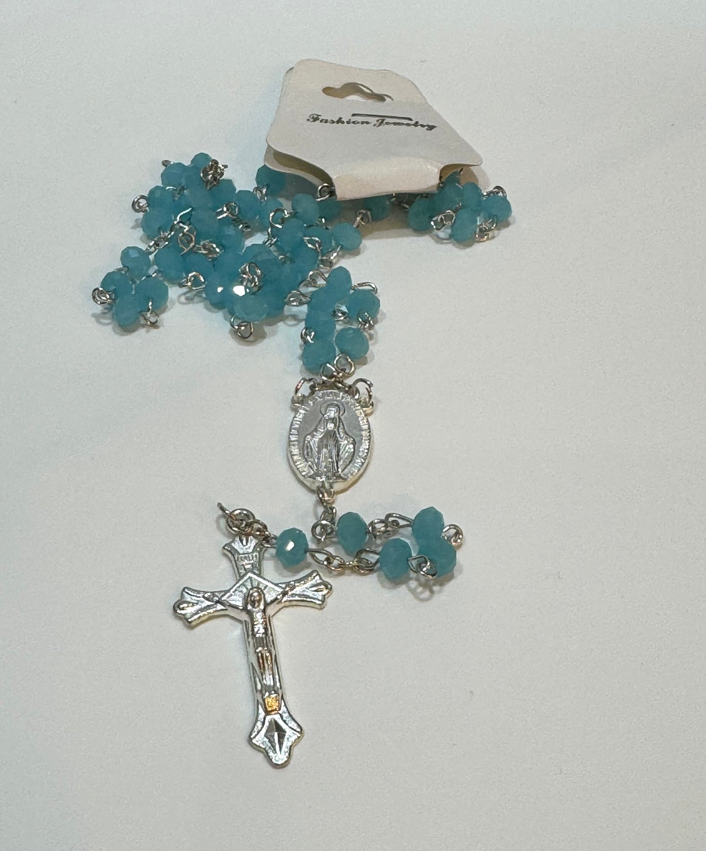 Mi Primero Communion Glass Turquoise Beaded Rosary Jesus Christ On Cross Silver Amulet