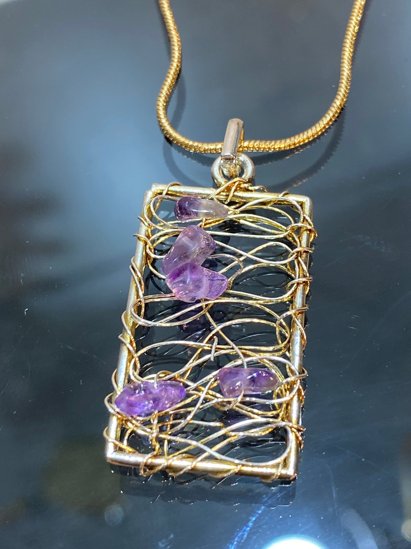 Wire Wrapped Amethyst Chips Pendant with Gold Plated Necklace