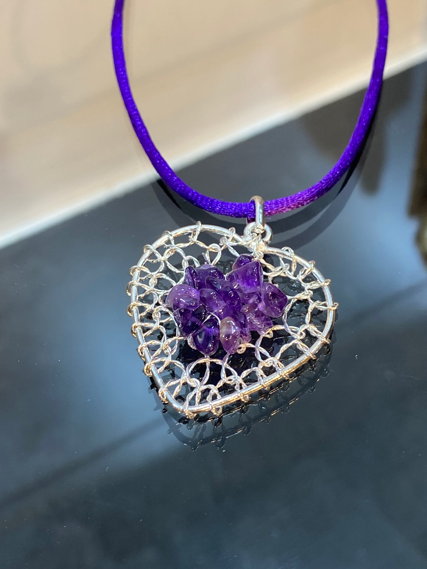 Amethyst Chip Silver Wired Heart Pendant With Purple Cord Necklace